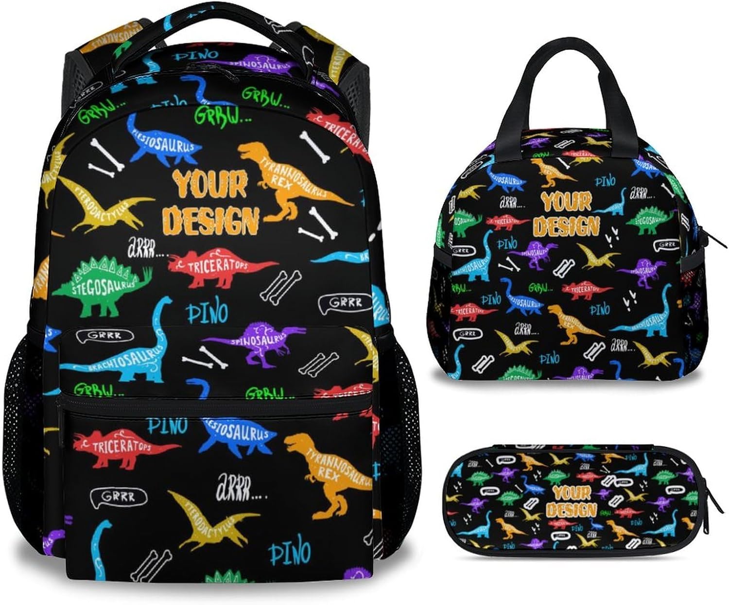 Custom Dinosaur Kids Backpack with Lunch Box, Set of 3 School Backpacks Matching Combo, Cute Black Bookbag and Pencil Case Bundle