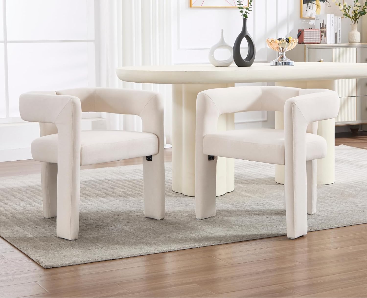 EALSON Modern Barrel Dining Chairs Set of 2 Linen Upholstered Fabric Kitchen Chairs with Open Back and Arms Comfortable Accent Chairs Side Chairs for Dining Room/Living Room, Beige
