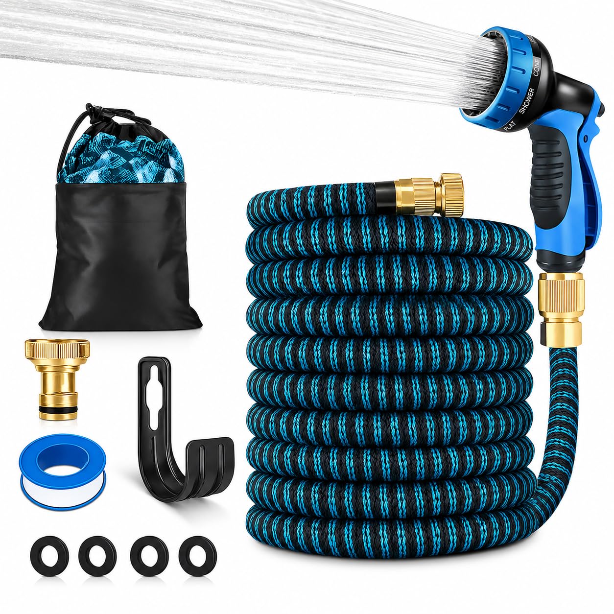 Manguera Extensible Jardín 22,5 m / 75 FT, Manguera Flexible Antitorsión con Látex 3 Capas y Tejido 3750D, Pistola de Riego 10 Funciones, Conectores Metálicos, Bolsa y Gancho