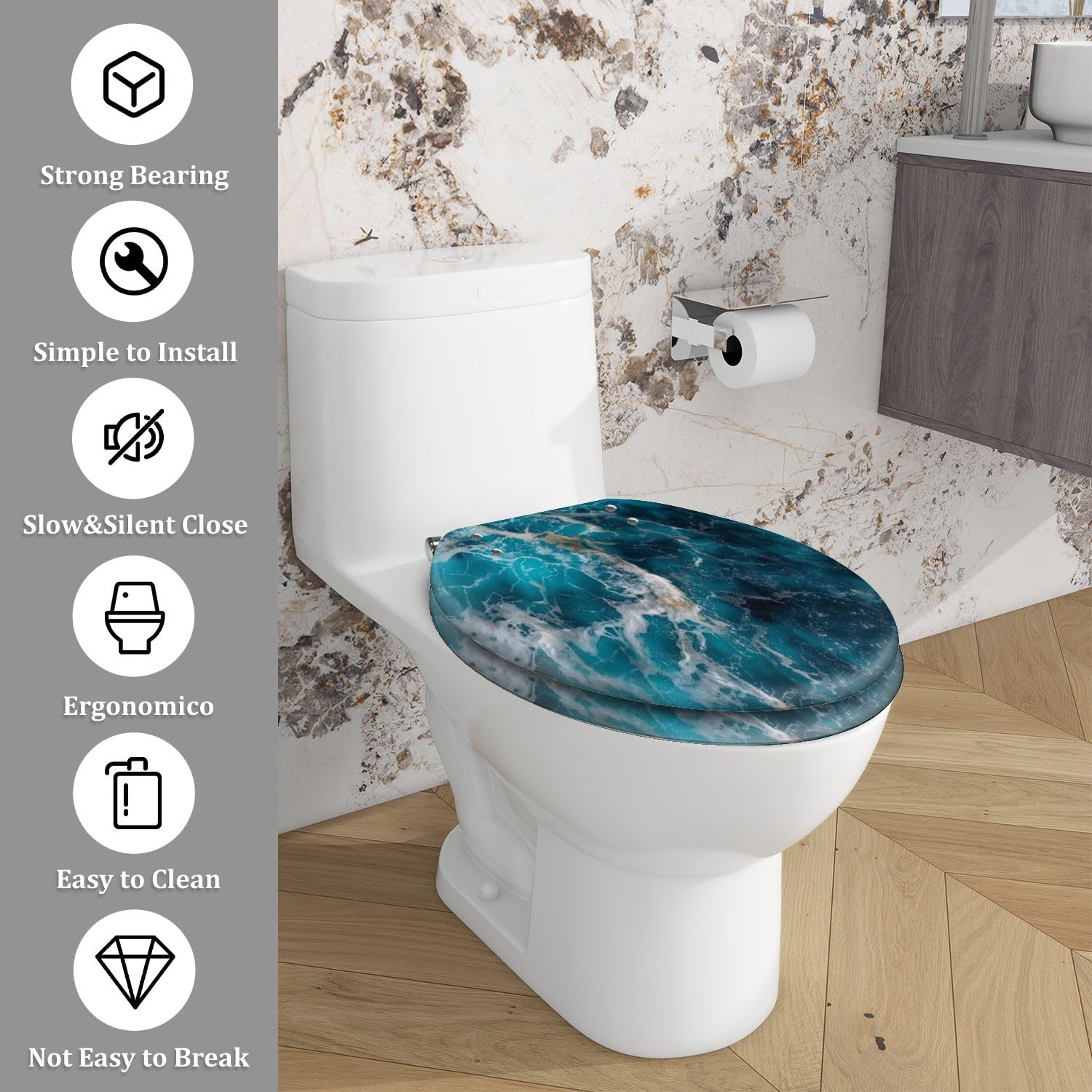 Asiento de inodoro alargado de resina blanca con efecto mármol para baño