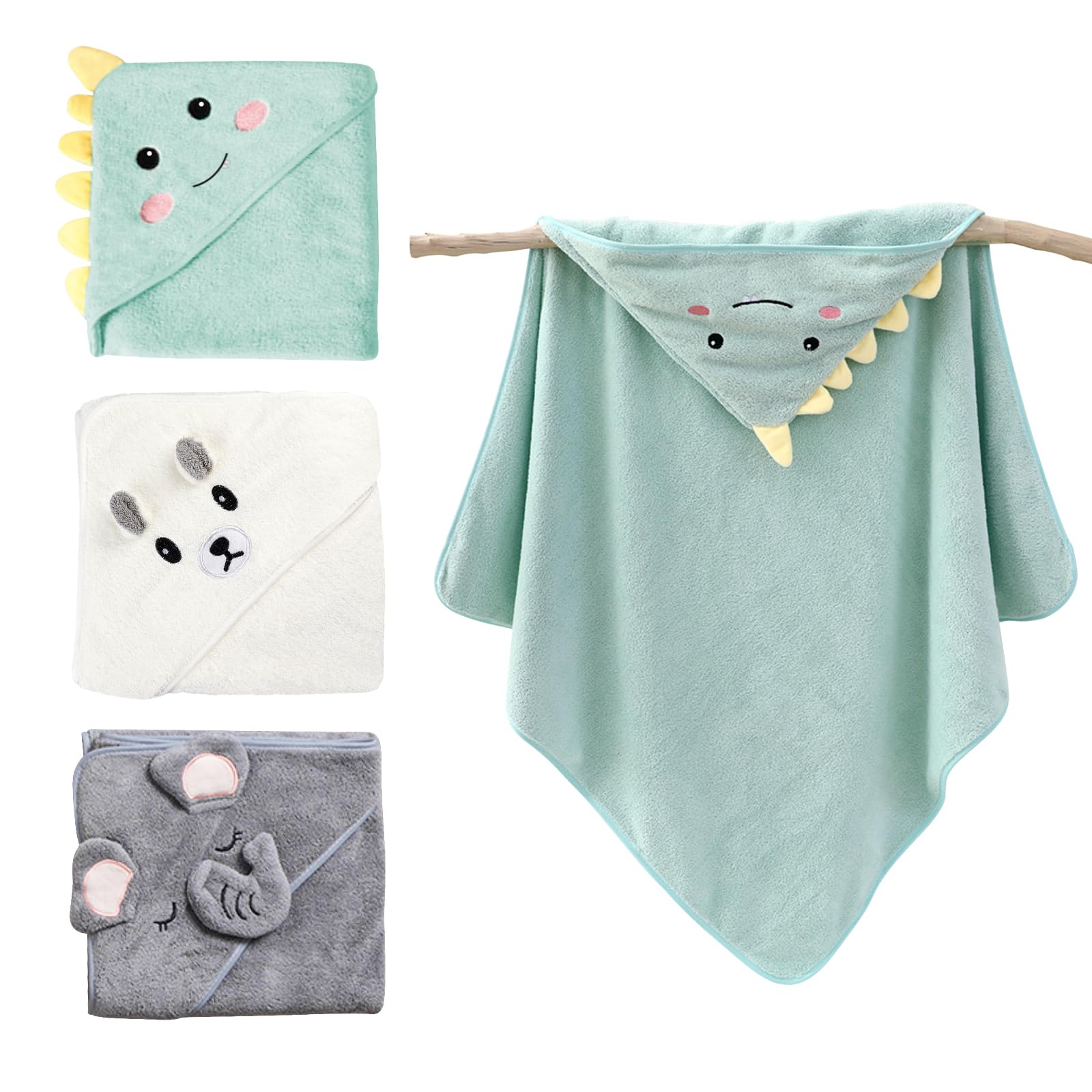 PORFOYO 3 Pièces Cape de Bain Bébé, 80 x 80cm Serviette à Capuche, Sortie de Bain, Cape de Bain Bébé à Capuche, Serviette de Bain 0-3 Ans (Vert, Bleu)