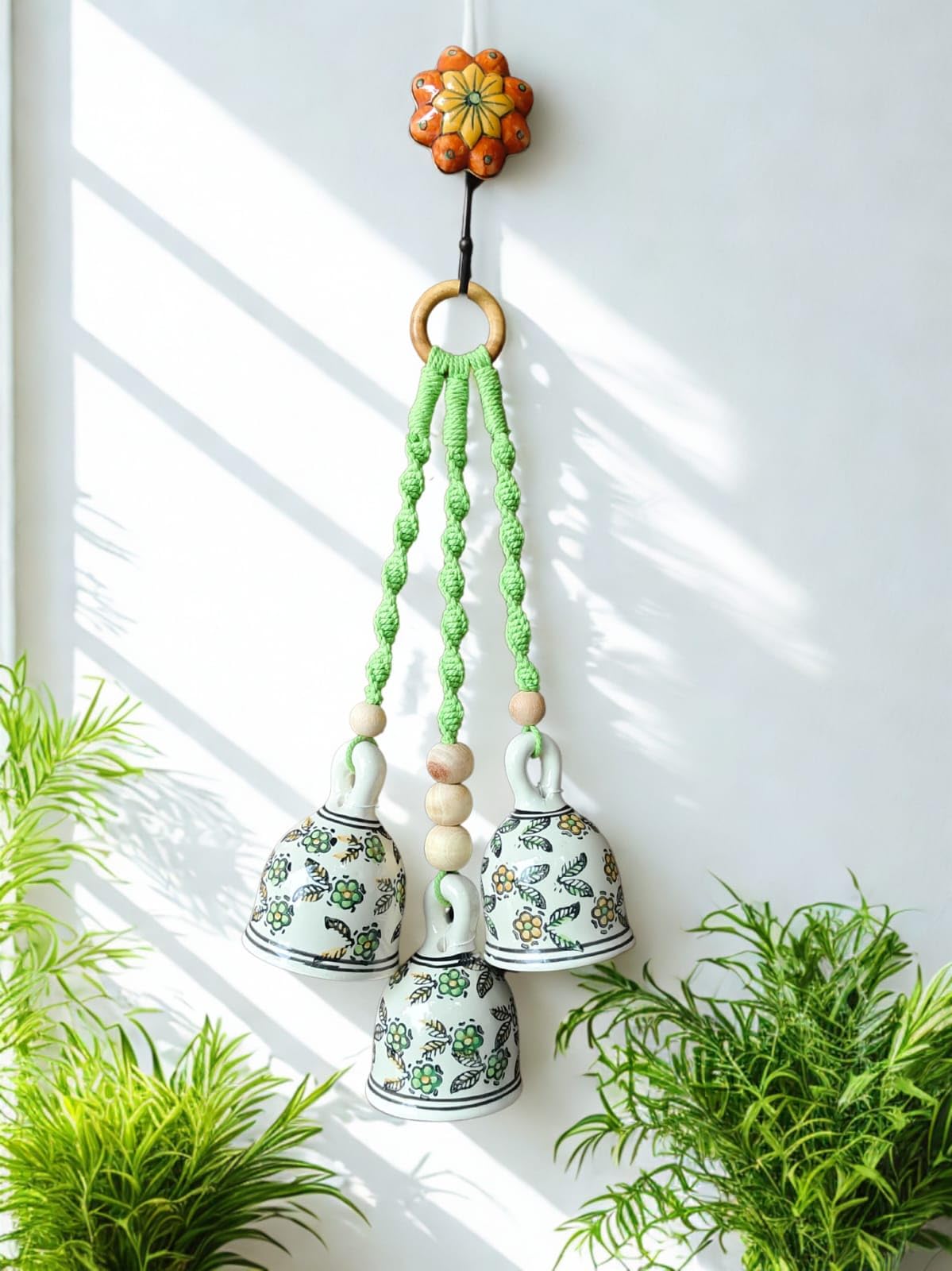 Shopping shots Macrame Symphony Chimes, Set Includes Three Beautifully Crafted Ceramic Bells (Height 5 inches) and a Ceramic Hook, Perfect for Decorating Your Home, Garden, or as a Thoughtful Gift.-image-7