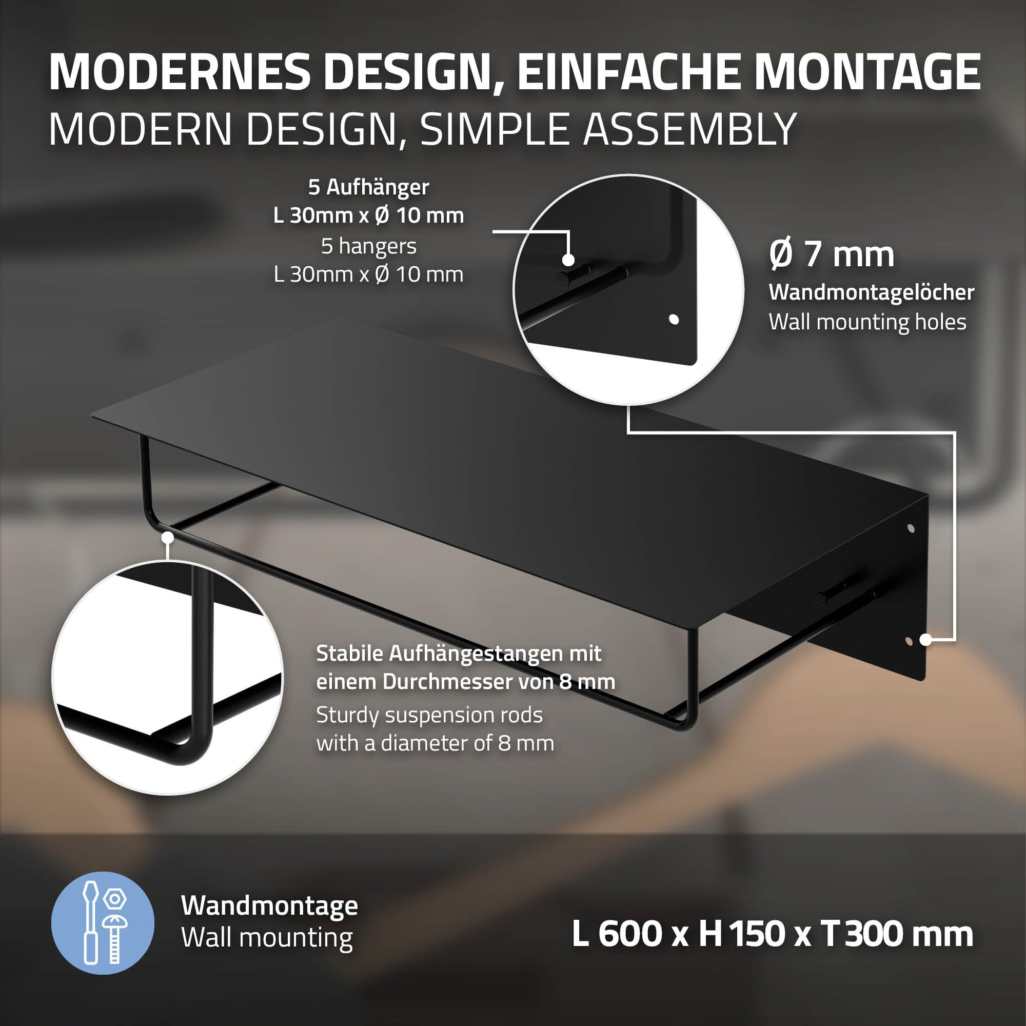 ML-Design Set 3X Percheros de Pared con Barra de Colgar y Estante Flotante para Sombreros 60x30x15 cm Negro Metálico Vestidor o Armario de Pasillo Panel Colgante de Entrada para Chaquetas y Abrigos