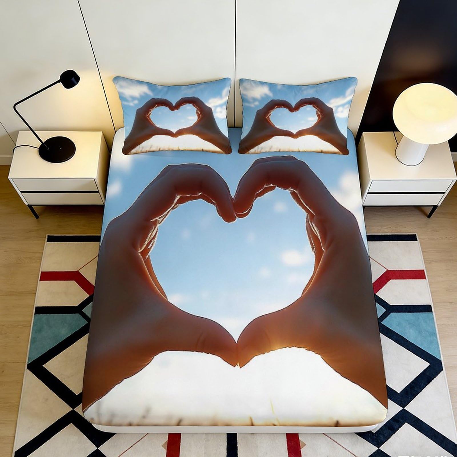 3D Printed Heart Hands Fitted Sheet Microfiber Soft Slip-Resistant Sky Cloud Mattress Cover for Bedroom Guestroom Decor 90x200x25cm