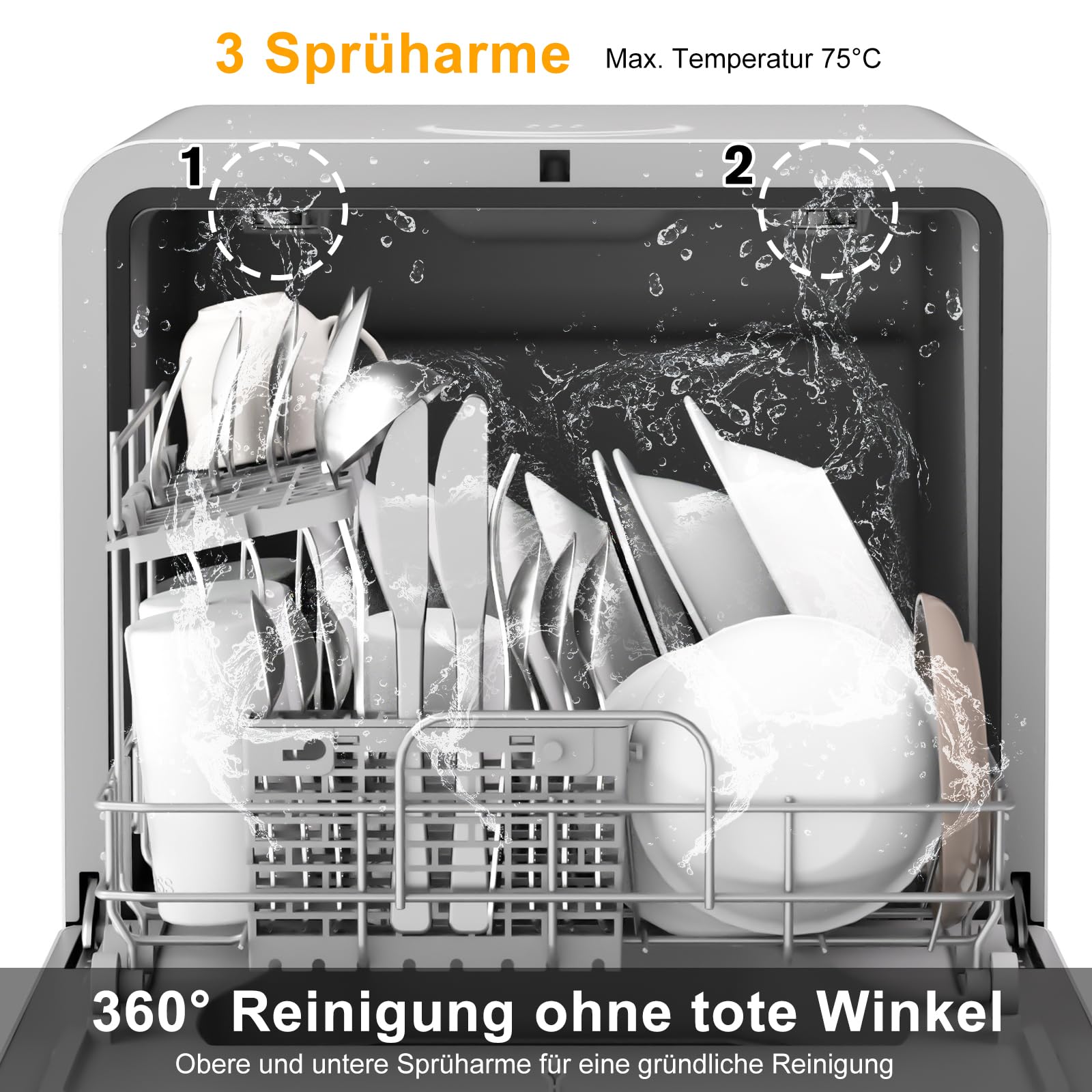 Mini Tischgeschirrspüler 5L Wassertank 6+1 Programme 360° Reinigung PTC-Lufttrocknung 24H Startzeitvorwahl