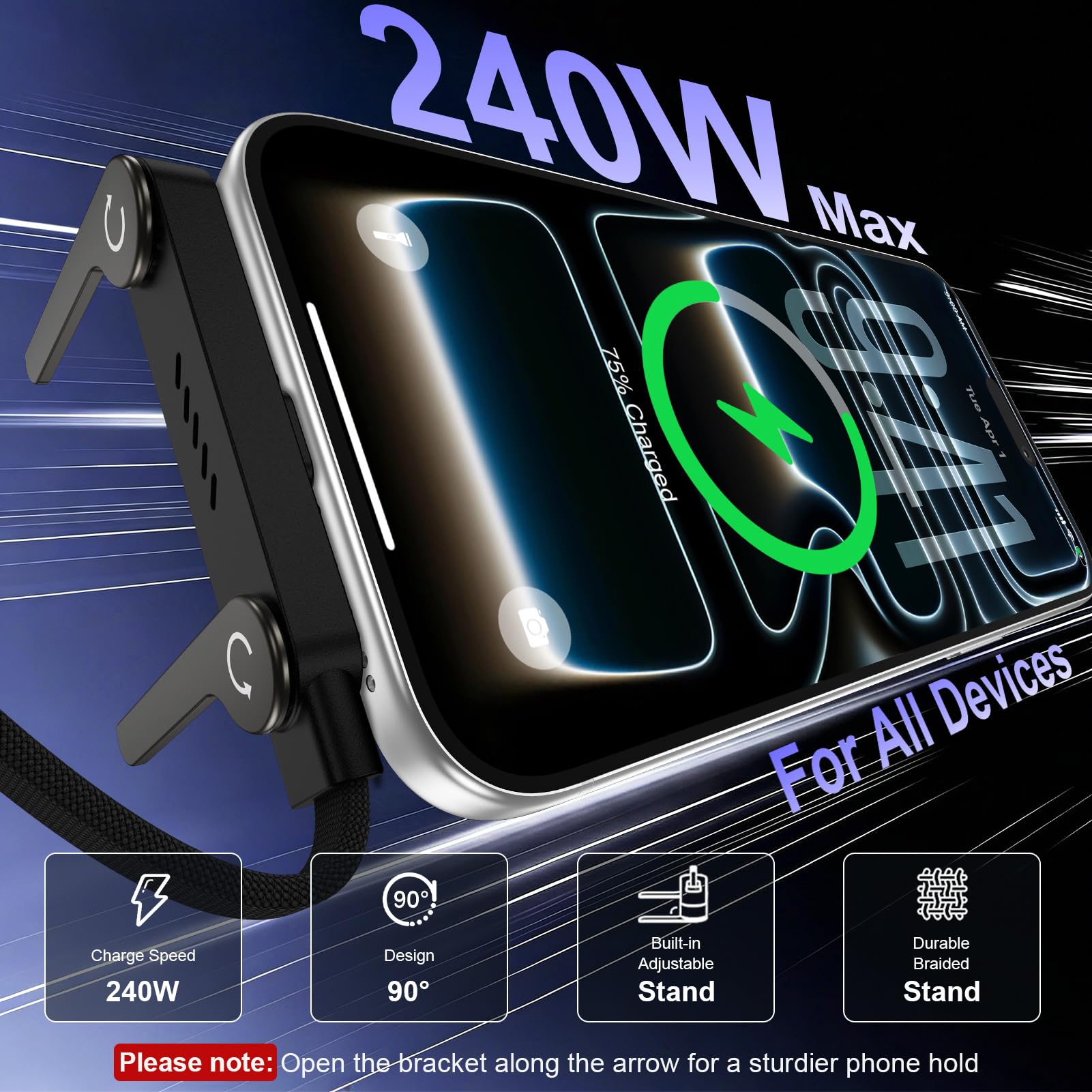 Cavo USB di tipo C di ricarica rapida 240w 1,5 m con supporto invisibile | Cavo USBC a forma di T con cavalletto pieghevole ad angolo di 90°, cavo di ricarica piatto per Samsung Galaxy S26 Ultra S25