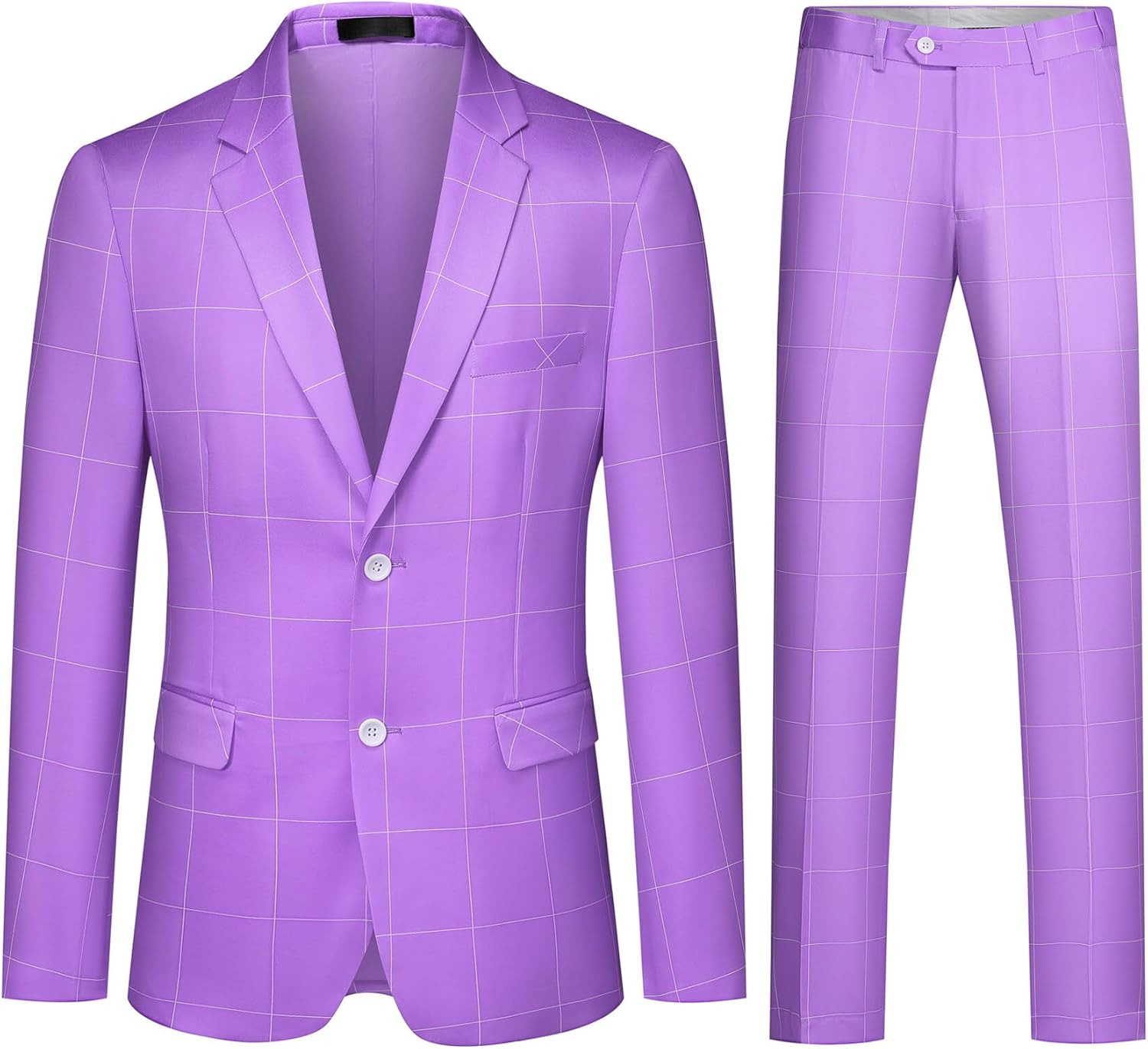 YFFUSHI Mens Slim Fit Suits 2 Piece Plaid Button Casual Formal Blazer Pants Set