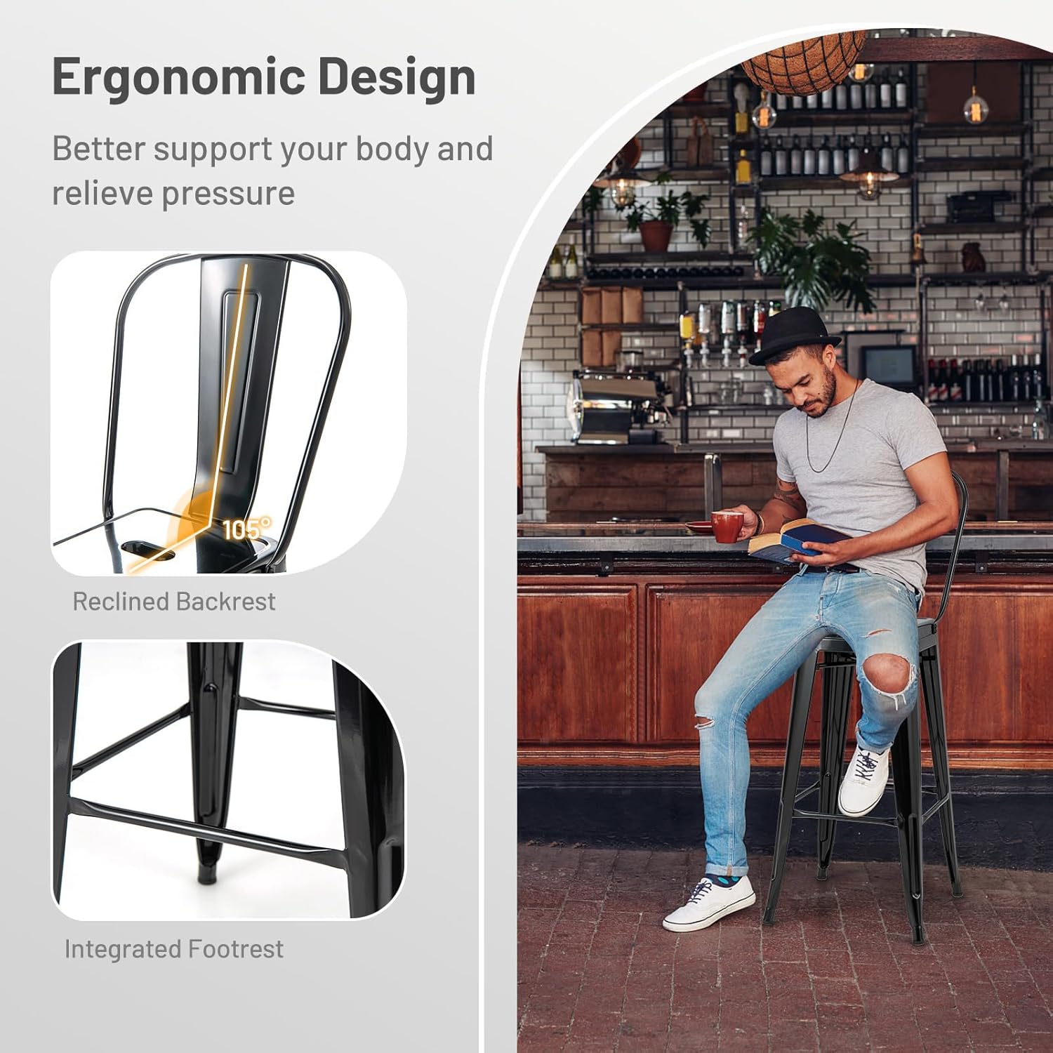 Giantex Metal Bar Stools Set of 4, 30" Bar Height Modern Industrial Barstools w/Removable Bucket Back & Footrest, High Back Bar Dining Chairs with Rubber Foot Pads for Kitchen Home Bar, Black