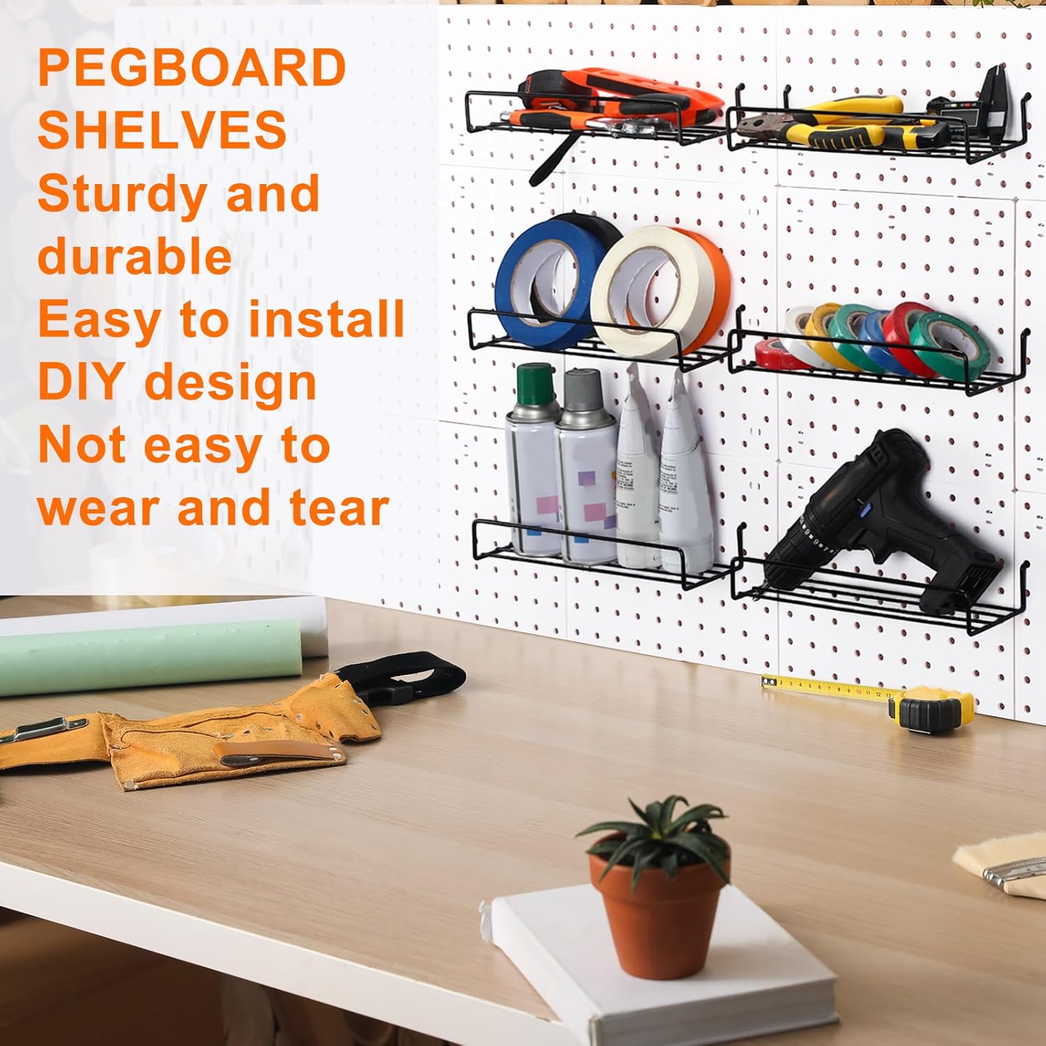 Wonderjune 6 Pack Pegboard Shelves 10 x 3.5 x 1.6 Inches Peg Board Hooks Racks Wall Iron Shelf Organizer Attachments Accessories Display for Organizing Various Tools for Home Garage Workbench Kitchen
