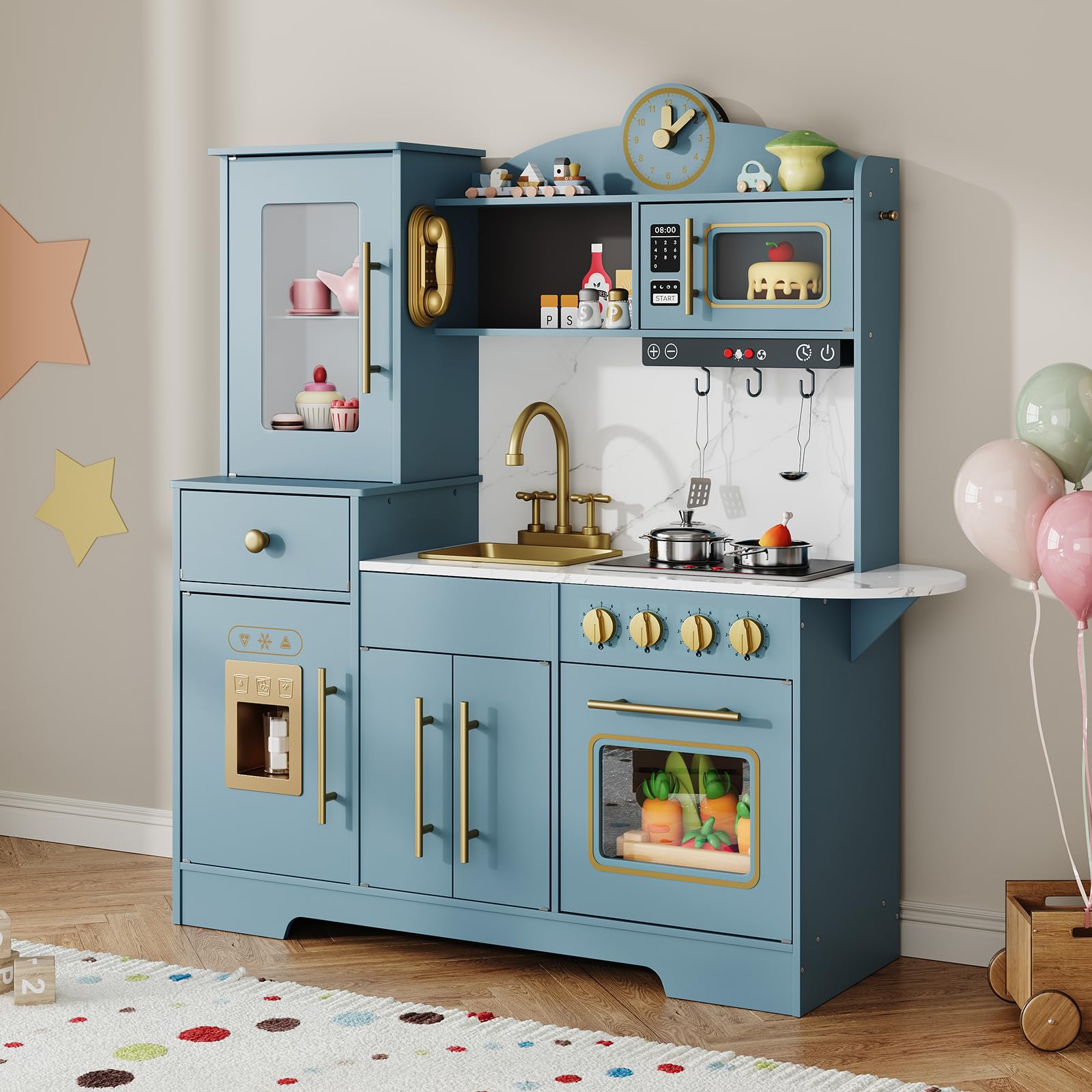 Cocina Juguete para Niños, Cocinita Infantil con Sonido Fogón Grifo Fregadero Microondas Reloj Máquina de Hielo y Accesorios de Cocina, Cocinita de Madera Infantil y 3 Años +, Educativo Imitación