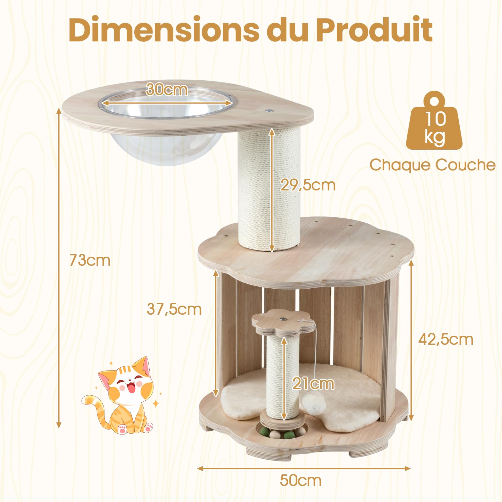 COSTWAY Petit Arbre à Chat Bois 73 cm, Condo, Capsule, Circuit à Billes pour Chat en Bois avec 4 Balles, 2 Poteaux à Griffer, Arbre a Chat Design, Coussin Amovible Lavable, Pompon Suspendu
