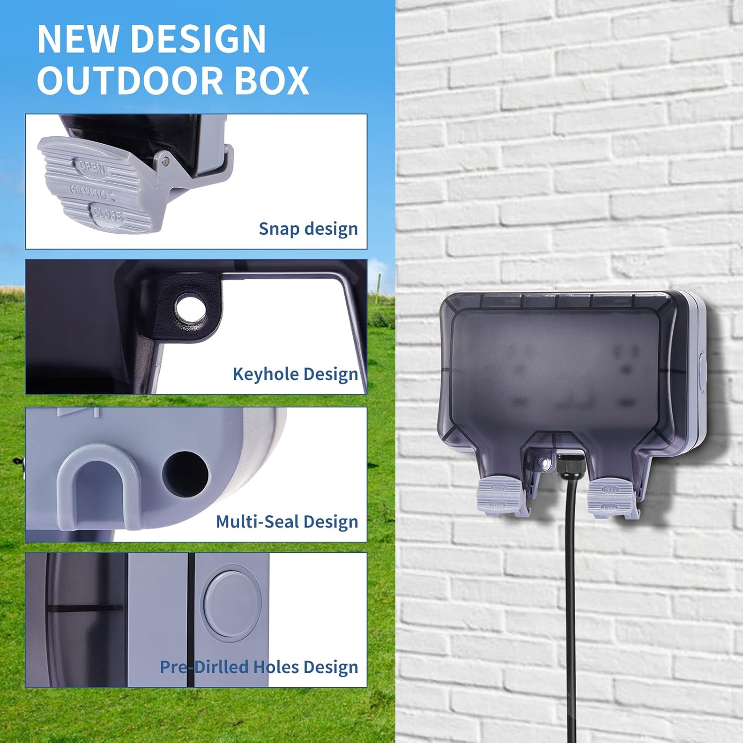 Outdoor Electrical Outlet Box with Switch & 10ft Extension Cord, NEMA 5-15R Outdoor Power Strip Weatherproof, STW 14 AWG, IP66 Waterproof Wall Power Socket with Cover, 2 Inch Deep, WRTR