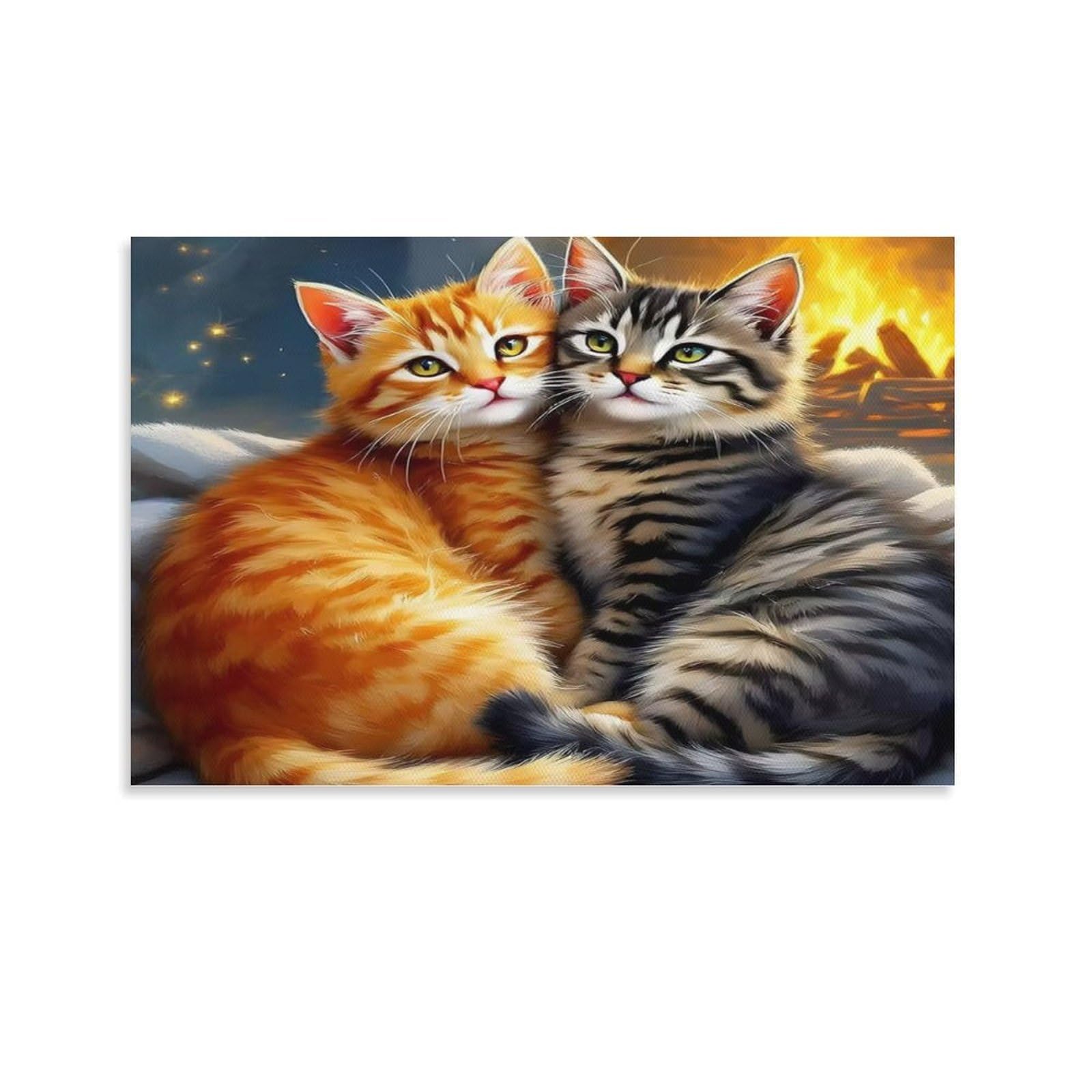 CPLVKWRQJ Snowy Cat in Winter Landscape Individual Two Cozy Kittens Warm Fireplace Indoors Canvas Wall Art - Office Canvas Print Fade Resistant Wall Focal Art Ready to Hang 20x30inch(50x75cm)