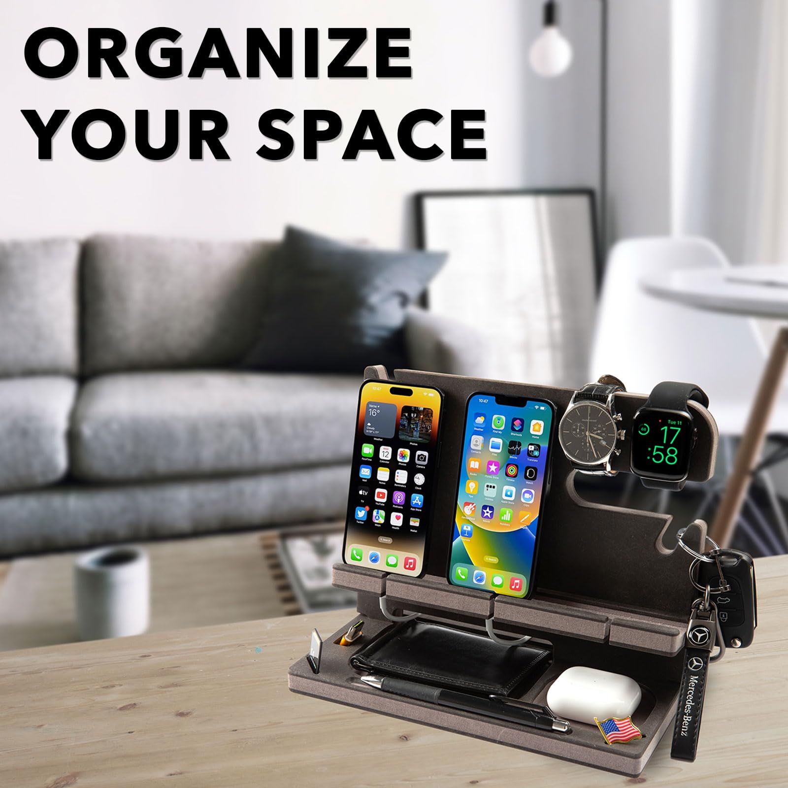 Organizzatore da scrivania Personalizzato con foto, Svuotatasche Compatibile con Smartphone, Supporto Carica Orologio, Regalo per Uomo, Natale, Compleanno, Anniversario, San Valentino