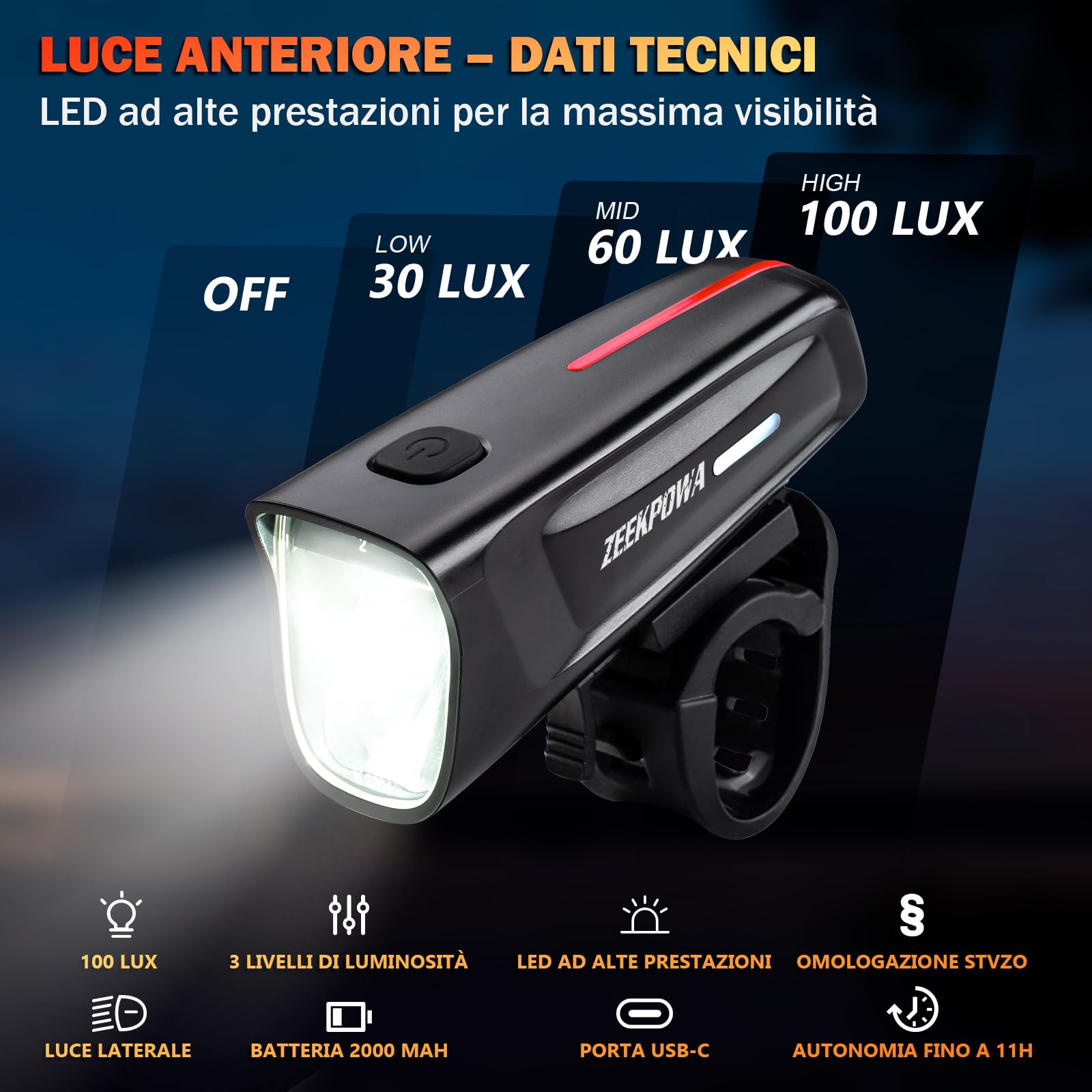 Set di luci per bicicletta, 100 lux, StVZO, batteria USB-C, luce anteriore + fanale posteriore con funzione luce freno, impermeabile IPX5, per pendolari e viaggi notturni