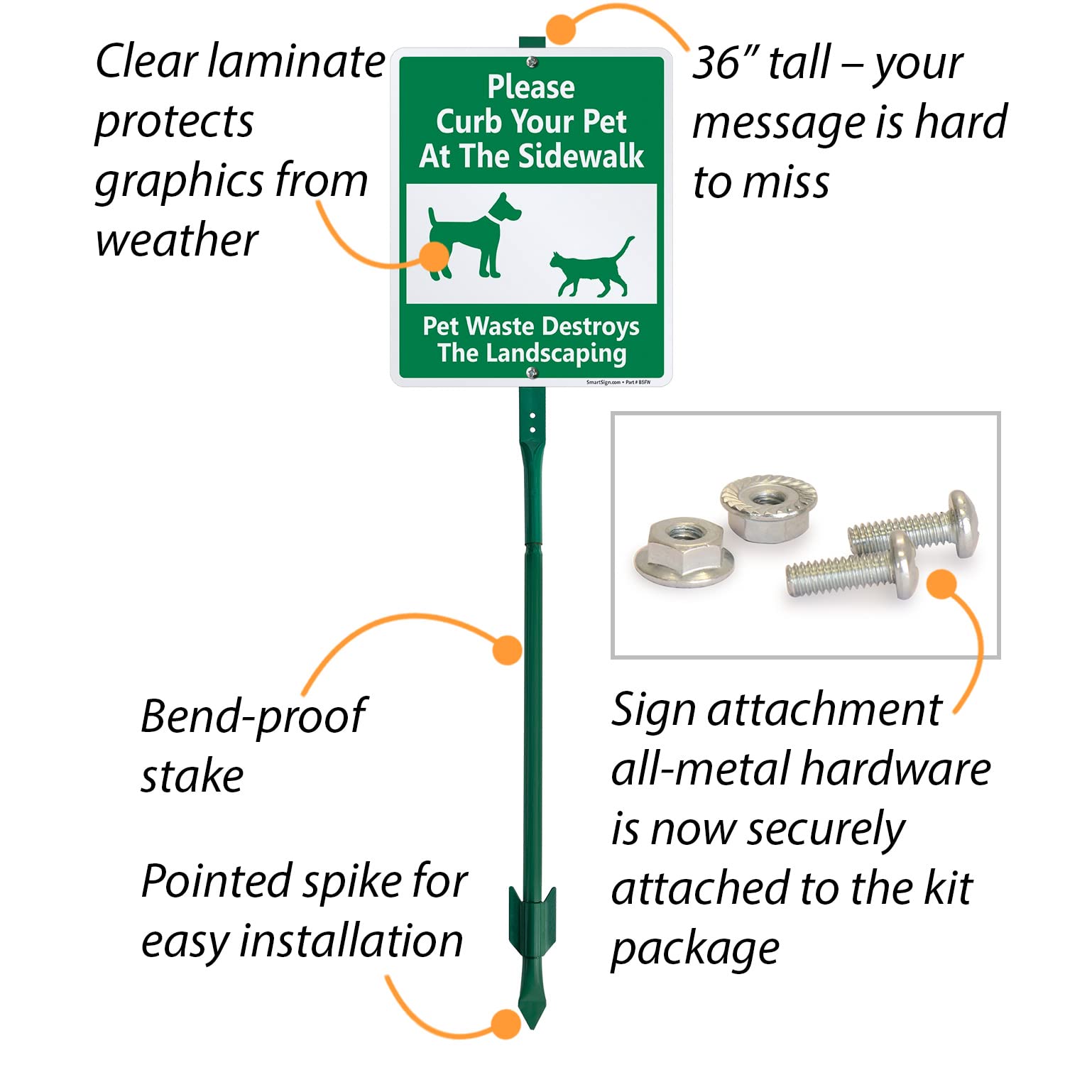 SmartSign 12 x 10 inch “Please Curb Your Pet At The Sidewalk - Pet Waste Destroys Landscaping” Yard Sign with 3 foot Stake, 40 mil Laminated Rustproof Aluminum, Green and White, Set of 1