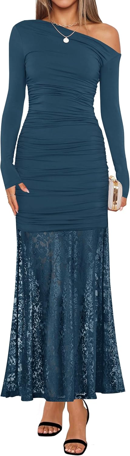 ZESICA Women's Long Sleeve Off Shoulder Bodycon Dresses Fall 2026 Ruched Lace Wedding Guest Cocktail Formal Maxi Dress