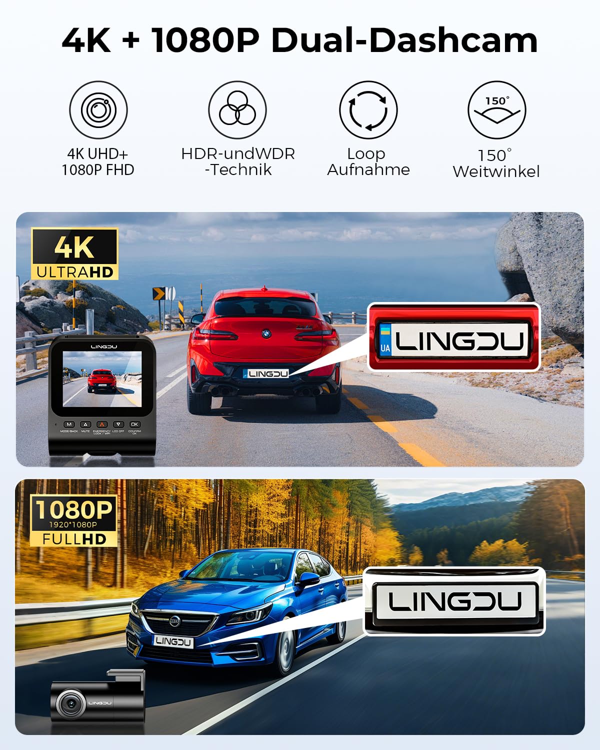 Dashcam Auto Vorne Hinten - 4K + 1080P Auto Kamera externes 2,4" IPS-Bildschirm, Dual Auto Kamera mit 64 GB SD Karte, Sprachausgang, Parküberwachung, verbesserte Nachtsicht, WDR