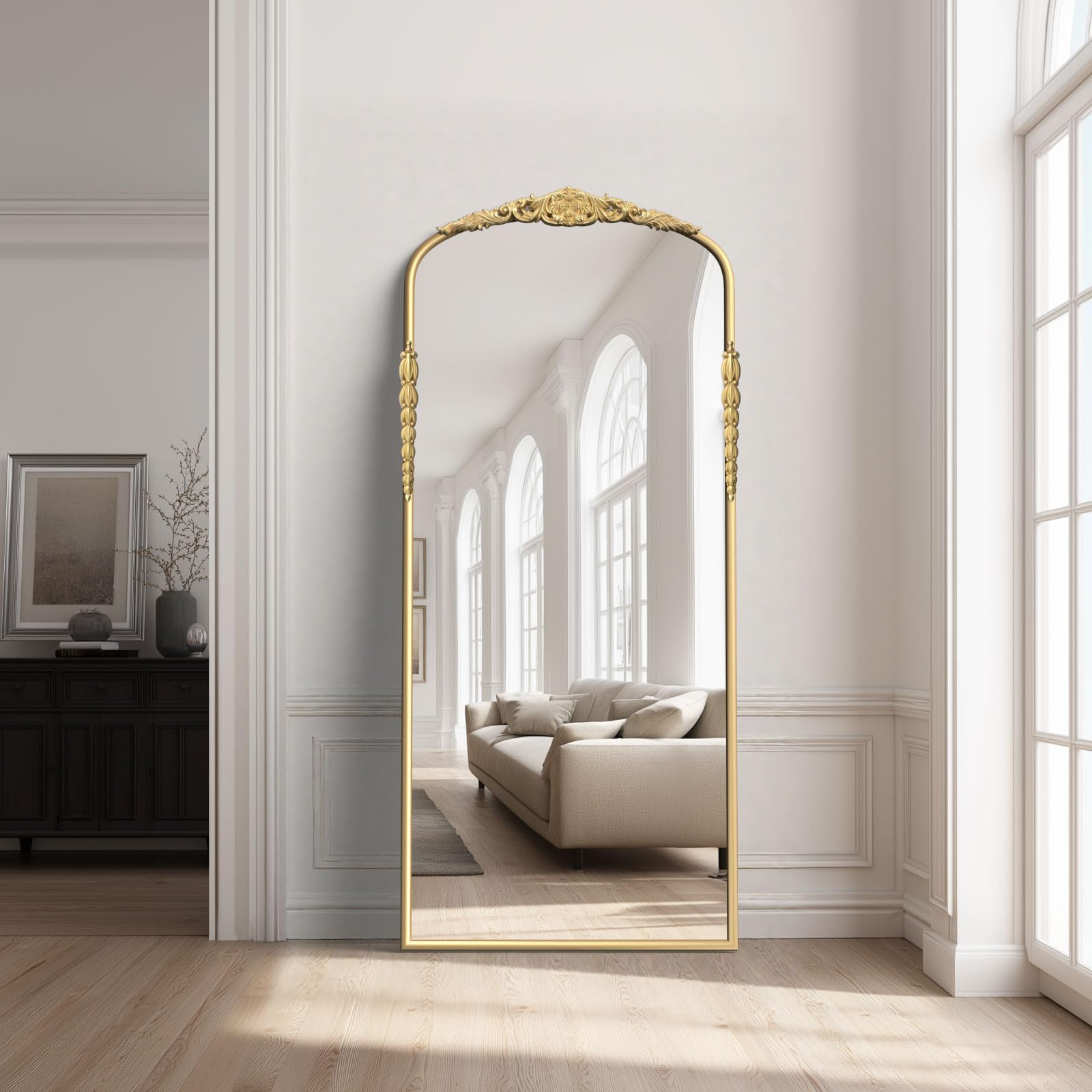 G-LEAF Großer Ganzkörperspiegel 180x76 cm, Vintage Bogenspiegel mit Barock Goldrahmen, Antik Standspiegel & Wandspiegel XXL Ankleidespiegel für Schlafzimmer, Wohnzimmer, Flur