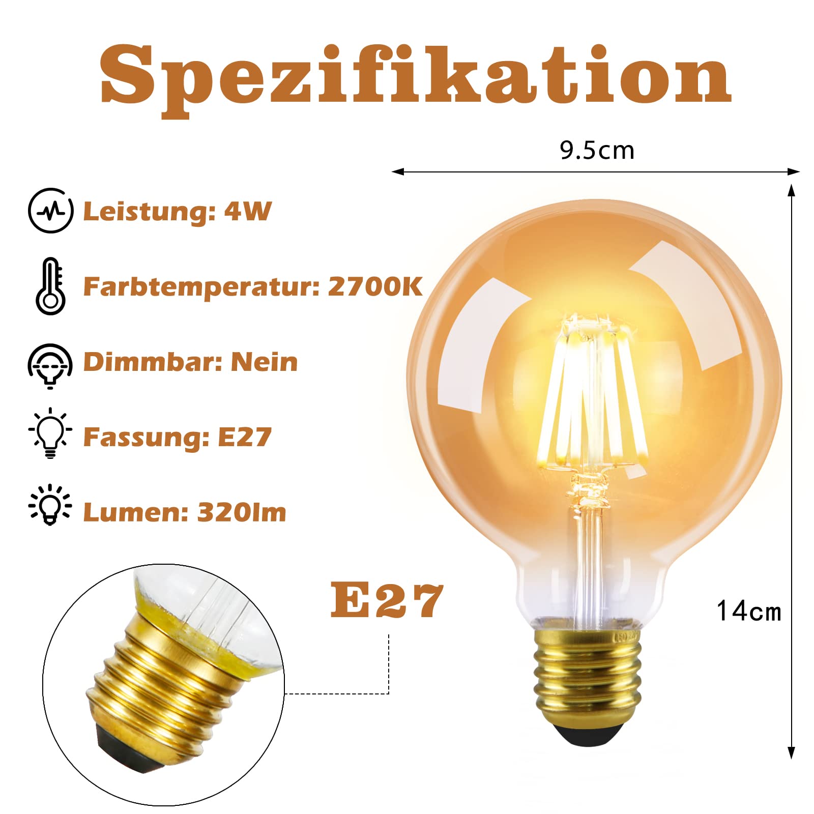 GBLY 6 pezzi LED E27 lampada vintage - G95 Edison lampadina 2700K 4W bianco caldo lampada a incandescenza filamento di vetro retrò lampada antica lampada a risparmio energetico per hotel