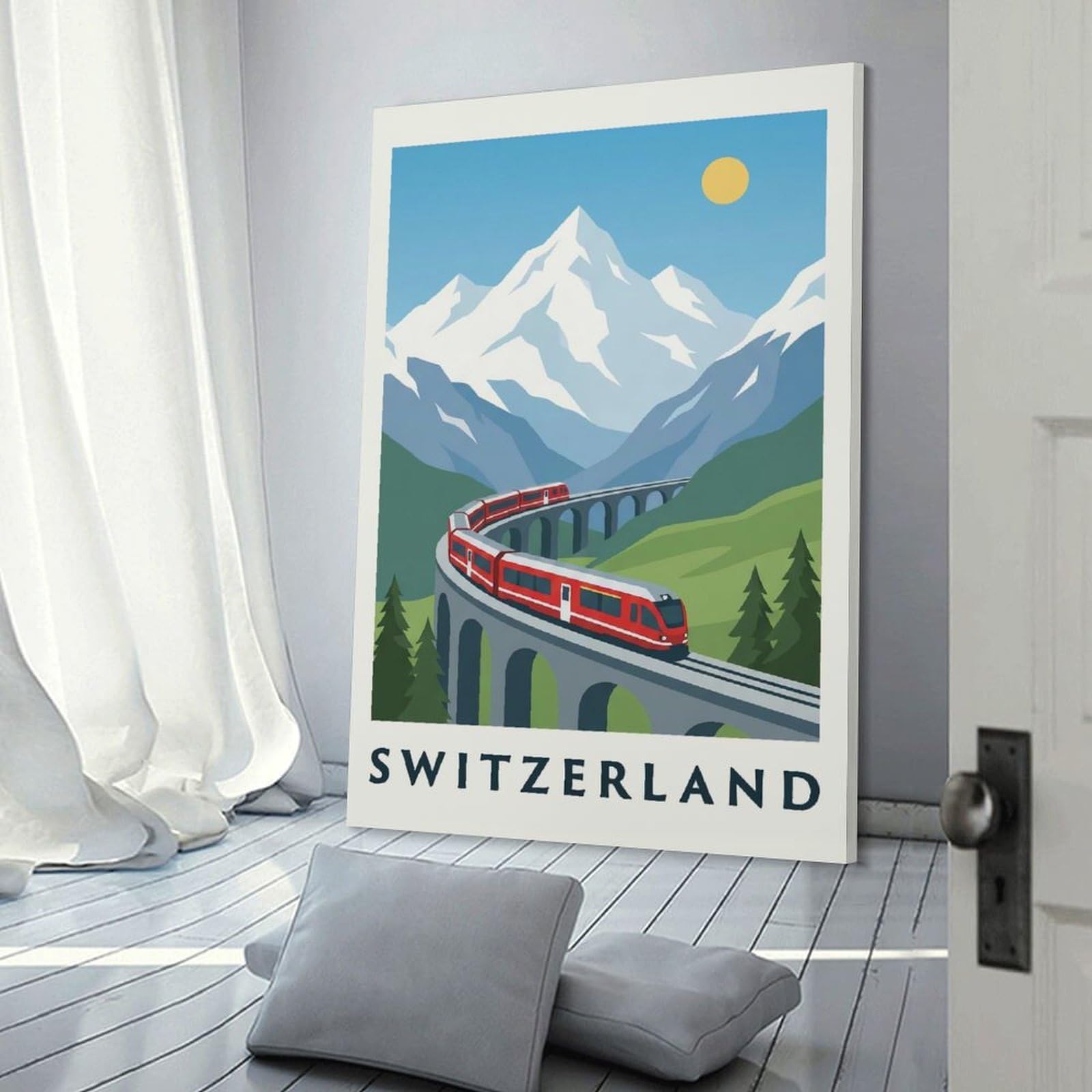 Junmoney Switzerland Train Travel Canvas Wall Art 08x12inch(20x30cm), for Home Lounge, Bedroom Or Reading Nook, Eye Catching Artwork for Blank Walls