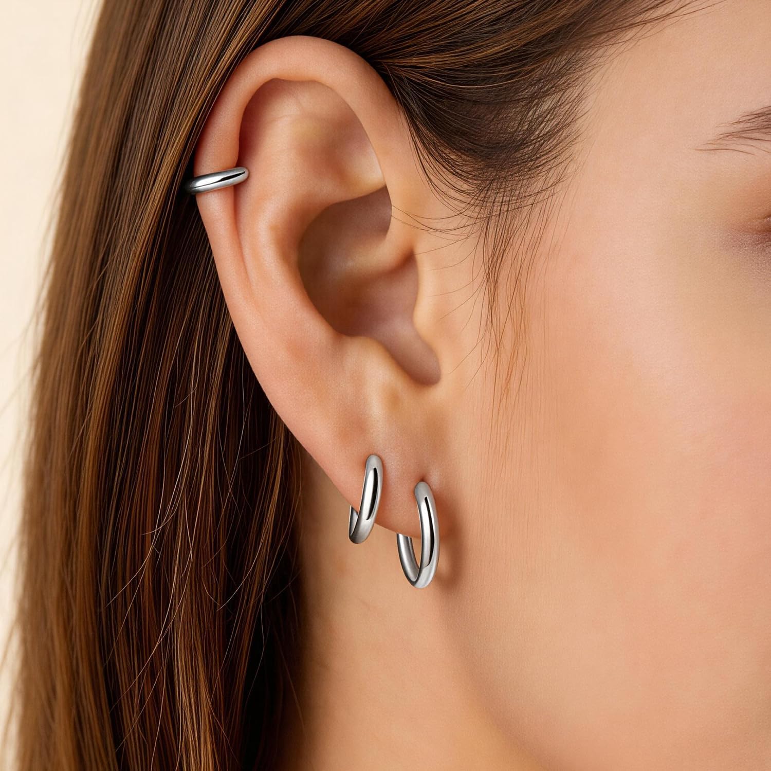 VOJO G23 Titanium Silver Hoop Earrings Small Huggie Earrings Hinged Lobe Cartilage 16G for Sensitive Ears