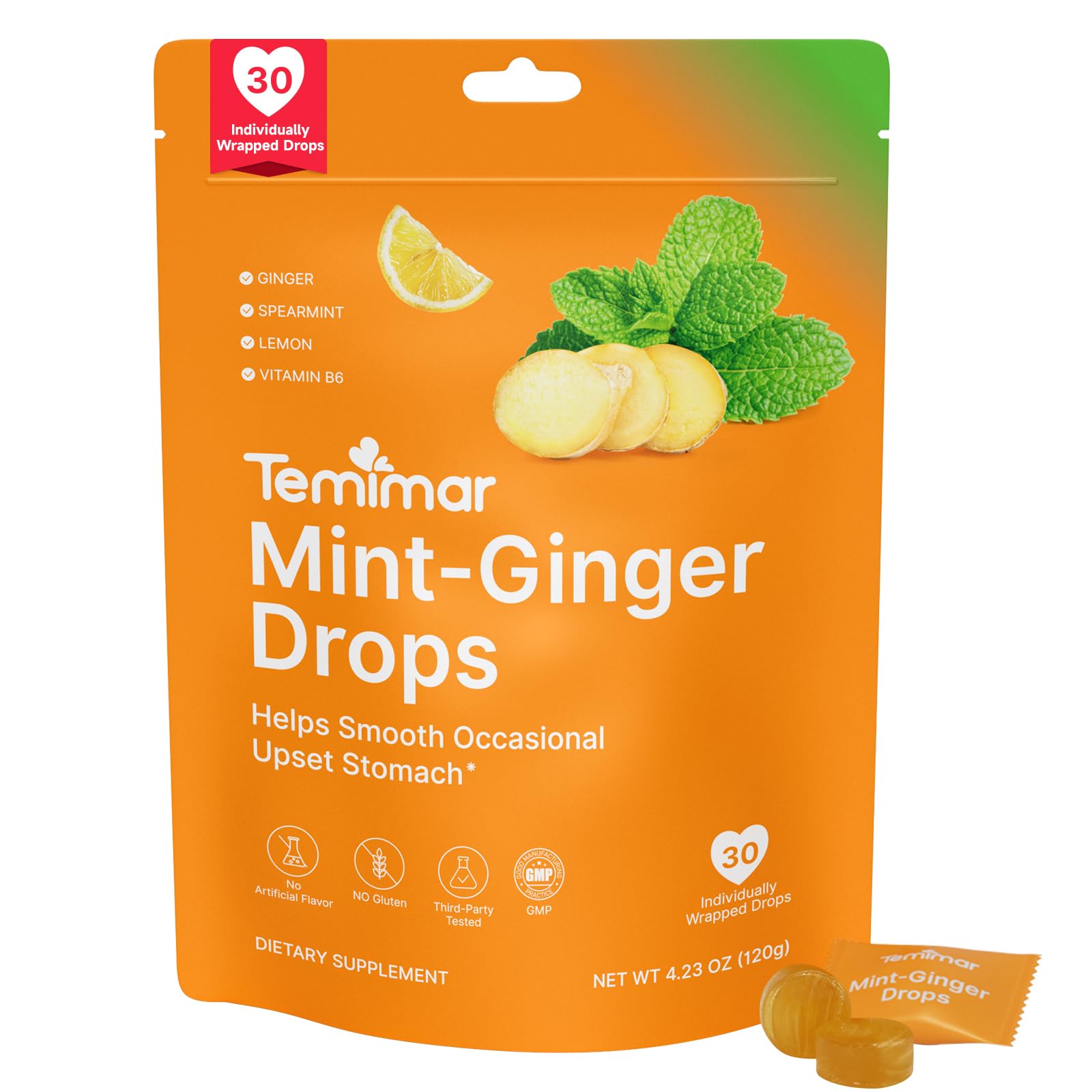 Mint-Ginger Drops Fast-Acting Nausea Relief Support Motion Sickness and Morning Sickness Relief Added Vitamin B6 30 Wrapped Ginger