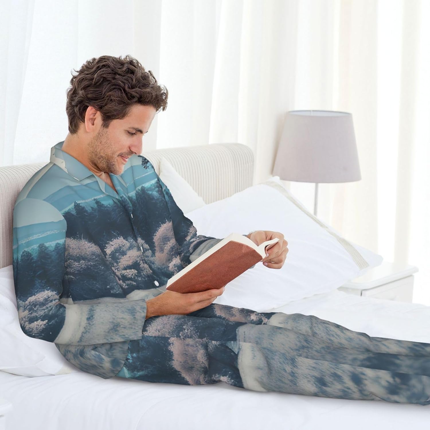 Landscape Trees Print Luxurious Mens Pajamas Set,Breathable Pajamas Set,Perfect For Lounging Bed,Sofa