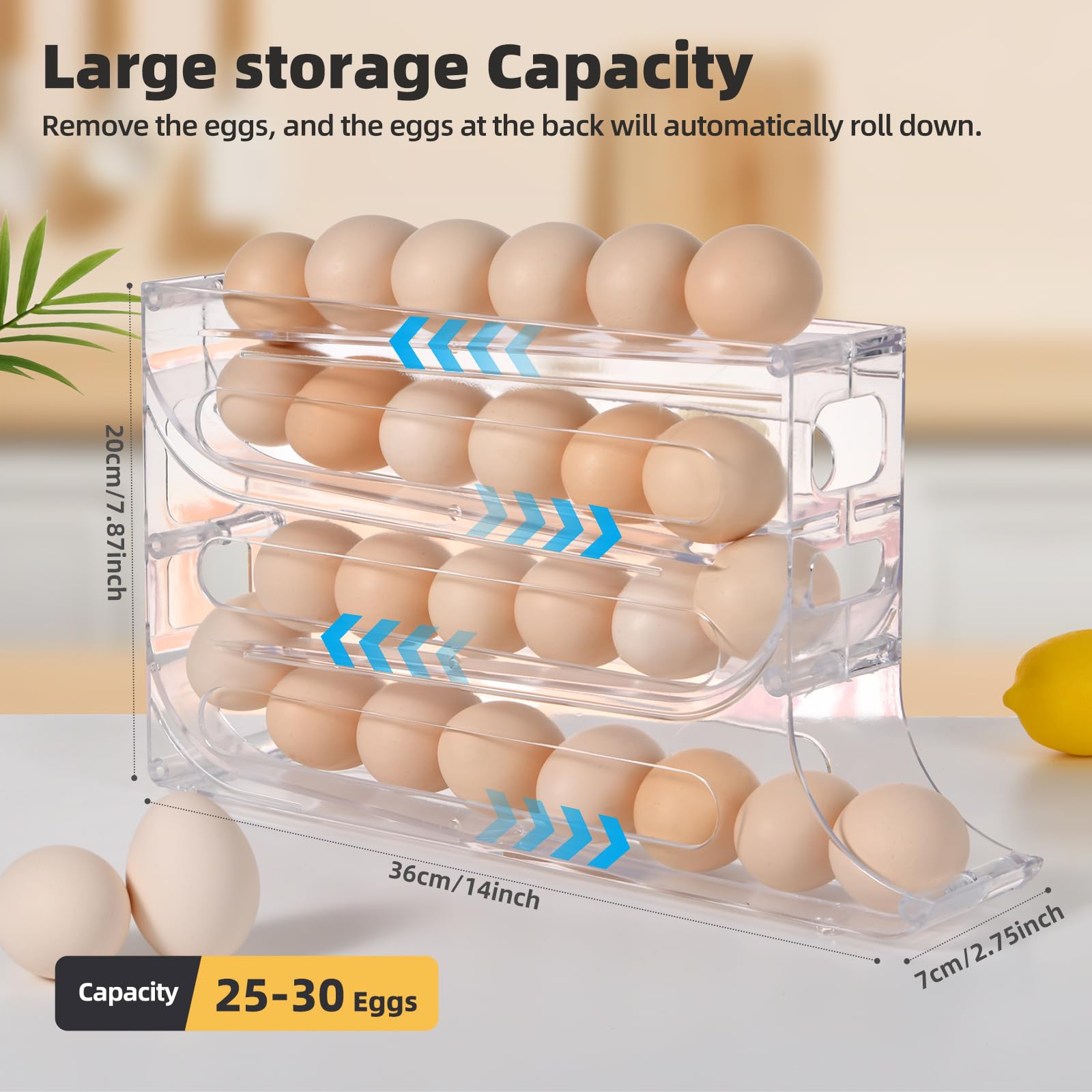 Soporte para huevos de 4 niveles para nevera, soporte para huevos de desplazamiento automático, organizador de huevos de gran capacidad, almacenamiento de 30 huevos para nevera, transparente
