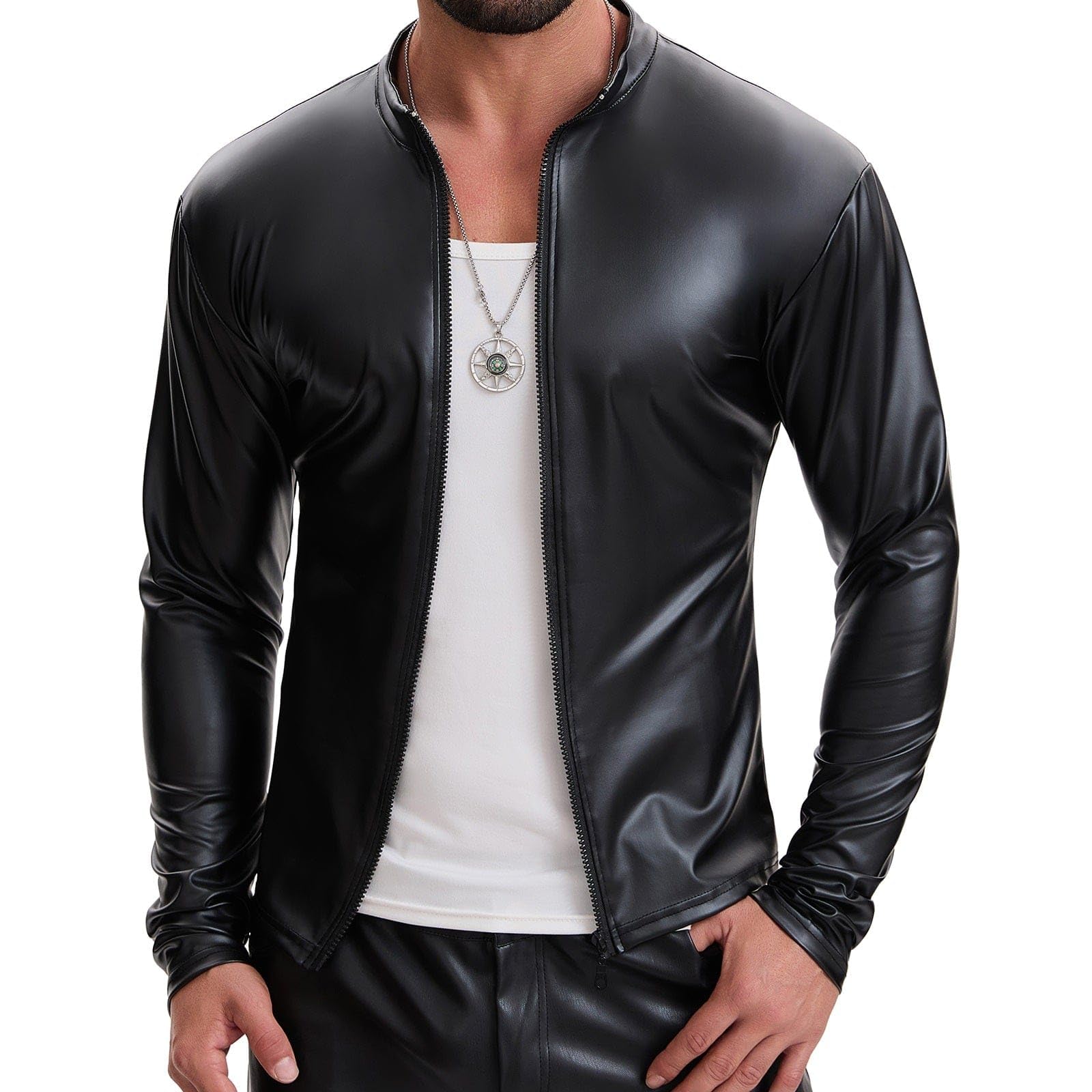 Chaqueta de cuello alto de cuero suave brillante para hombre, camisa de manga larga con cremallera completa, color liso elástico casual
