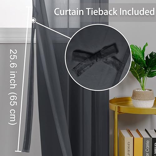 Miniatura 8 de Hiasan - Cortinas traslúcidas de gasa texturadas ligeras filtrantes de luz con ojales y alzapaños p ventana, dormitorio, sala estar, oficina (gris