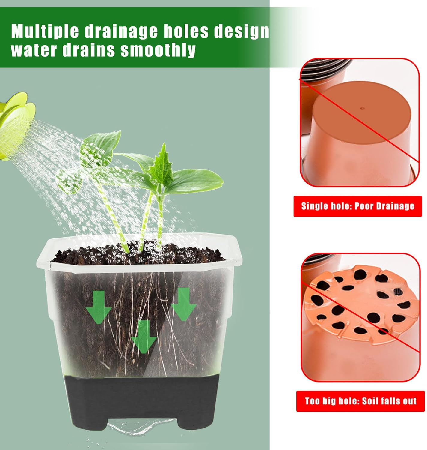 BFYDOAA 20pcs Reusable Plastic Nursery Pots 4in Square Starter Pots with Drainage Holes, Clear Seedling Planter with Silicone Base for Easy Transplant (Black)