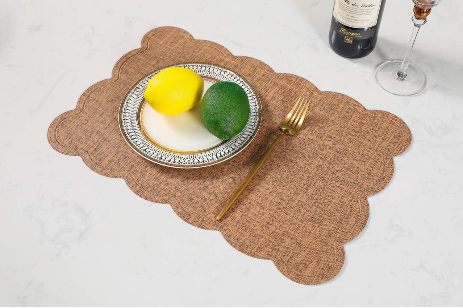 Table Mats (Set of 6),New PU Leather Waterproof Non-slip Insulation Table Mat Washable Quick Drying Decorative Place mat Coffee Cup Mat(Brown Wave) — image 1