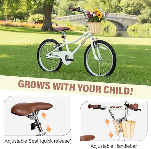 Miniatura 2 de WEIZE Girls Bike for 6-12 Years Old, 20 Inch Kids Bike with Basket and Kickstand, Retro Style Childrens Bicycle for Teen Girls, Lightweight Steel