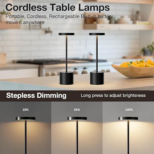 Miniatura 6 de Lámpara de mesa inalámbrica negra, lámparas recargables de 4000 mAh, atenuación continua de 3 colores, lámparas LED inalámbricas para exteriores