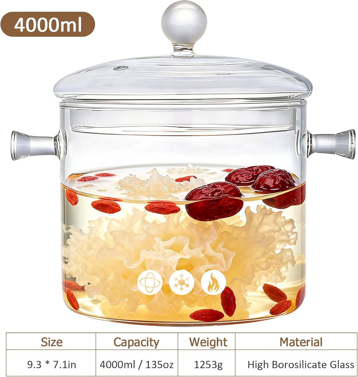Clear Borosilicate Glass Cooking Pot with Lid, 4L/135oz Transparent Saucepan for Stove, Pasta, Soup, Milk, Dishwasher Safe