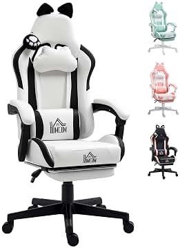 HOMCOM Silla Gaming con Orejas Silla Gamer Reclinable 135° con Altura Ajustable Reposapiés Retráctil Soporte Lumbar Giratorio 360° y Reposacabezas Desmontable Silla para Oficina Estudio Blanco