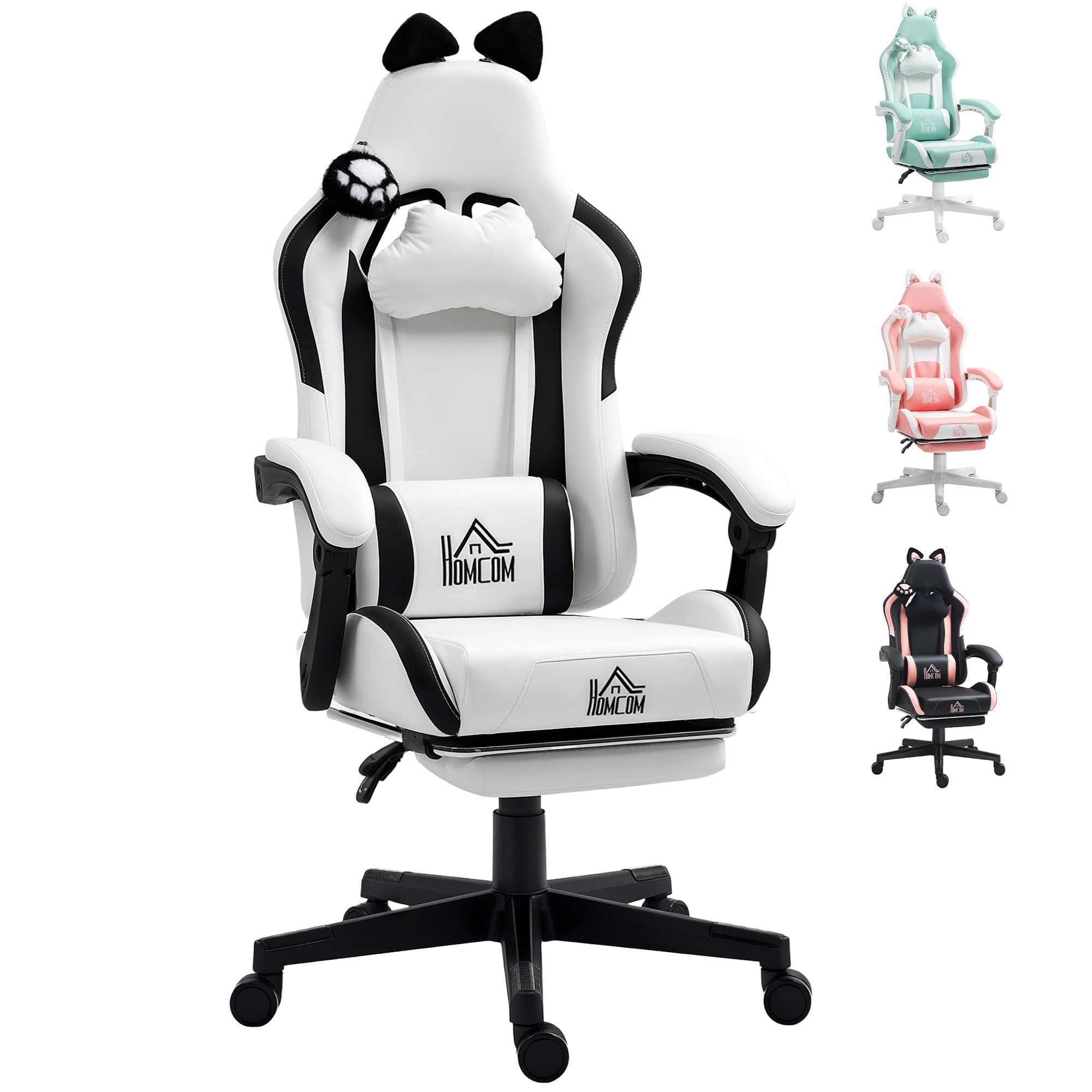 HOMCOM Silla Gaming con Orejas Silla Gamer Reclinable 135° con Altura Ajustable Reposapiés Retráctil Soporte Lumbar Giratorio 360° y Reposacabezas Desmontable Silla para Oficina Estudio Blanco