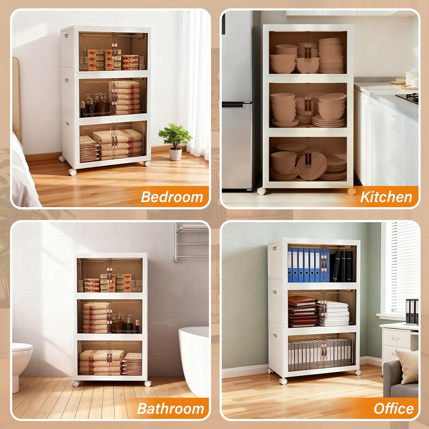 Collapsible Storage Bins with Lids&Wheels-192QT(48Gal) Stackable Plastic Containers with Doors,Heavy-Duty Foldable Organizer Bins for Home,Office,Books,White,3-Pack