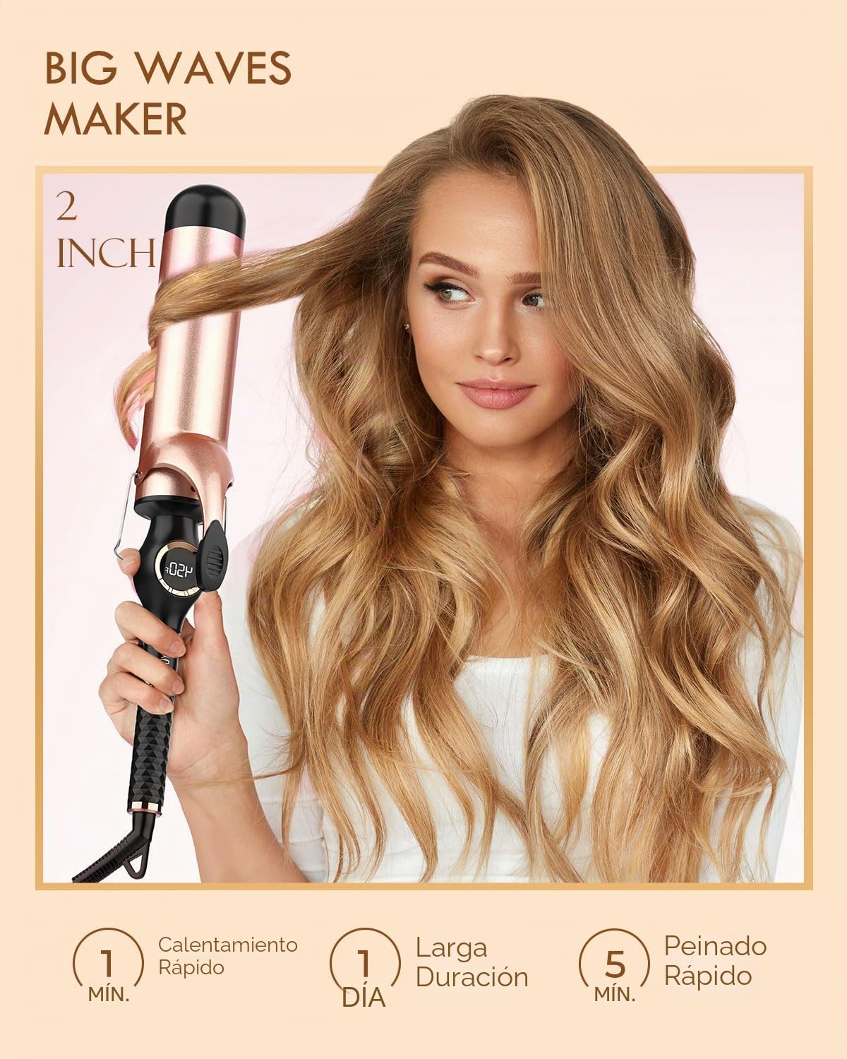 Curling Iron 2 pulgadas, varita de rizador grande para cabello, cerámica de barril largo, rizador de pelo de doble voltaje