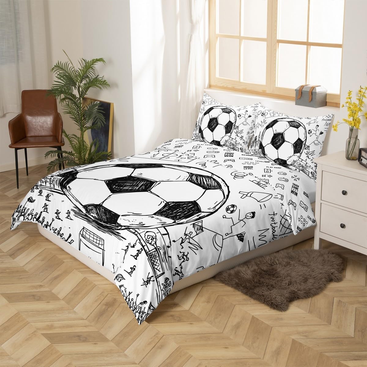 Erosebridal Football Comforter Cover, Hand Drawn Sketch Soccer Flag Network Team Sports Duvet Cover for Boys Teens Men, Decorative 3 Piece Bedding Set with 2 Pillow Shams, Queen Size, White Black