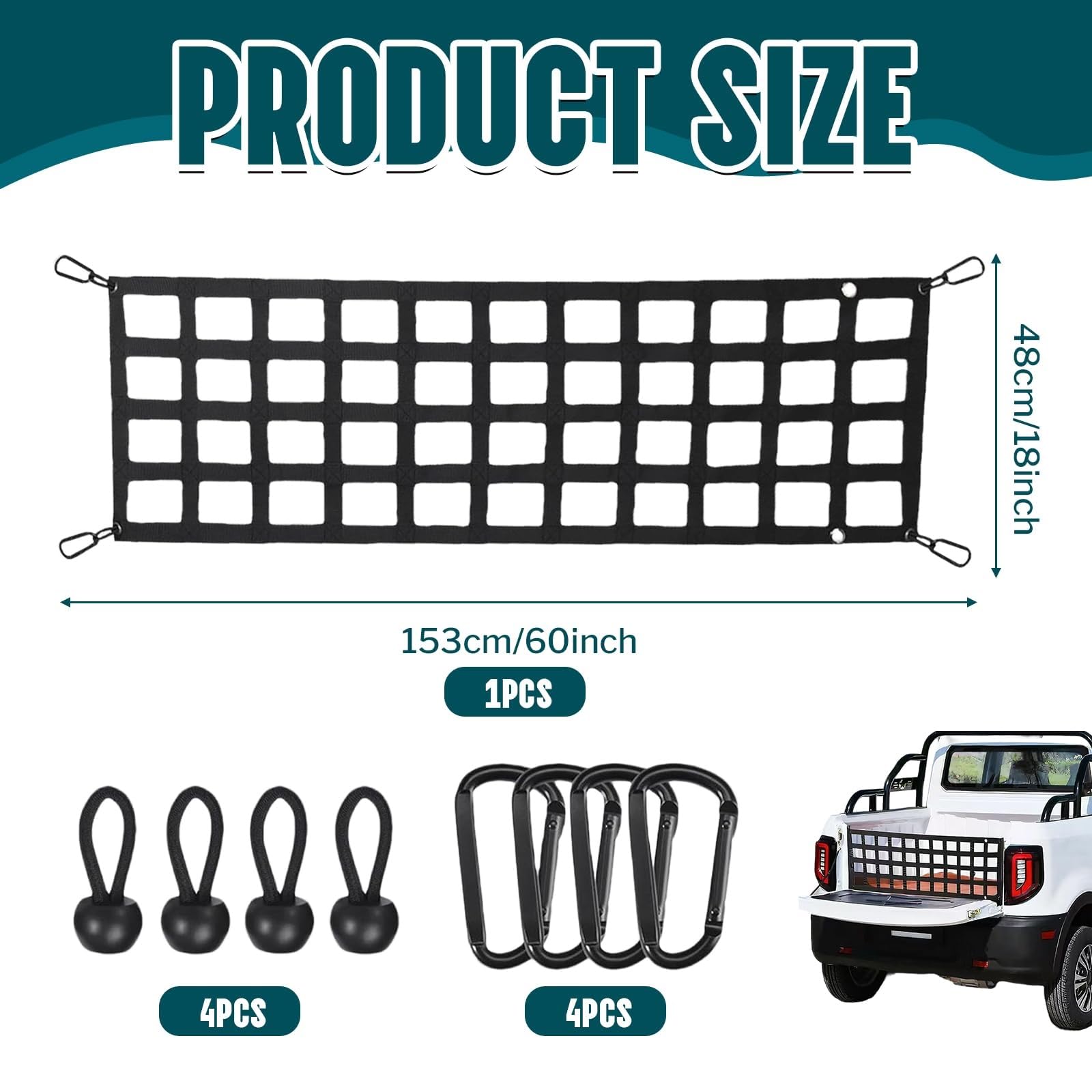 Gepäcknetz - Kofferraumnetz Mit 4 Haken, Gepäcknetz Für Ladefläche Von Pickups, Wohnmobilen, SUVs Und Pick-ups 48x153cm