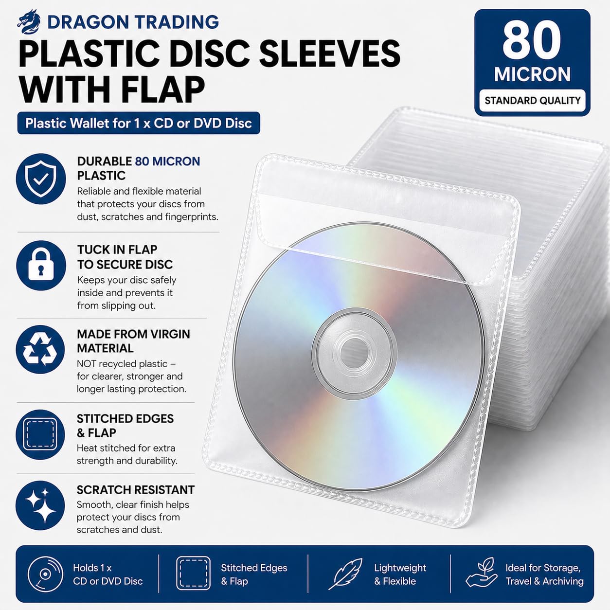 Dragon Trading®, 100 buste trasparenti in plastica per CD, DVD, custodie trasparenti da 80 micron, confezione da 100