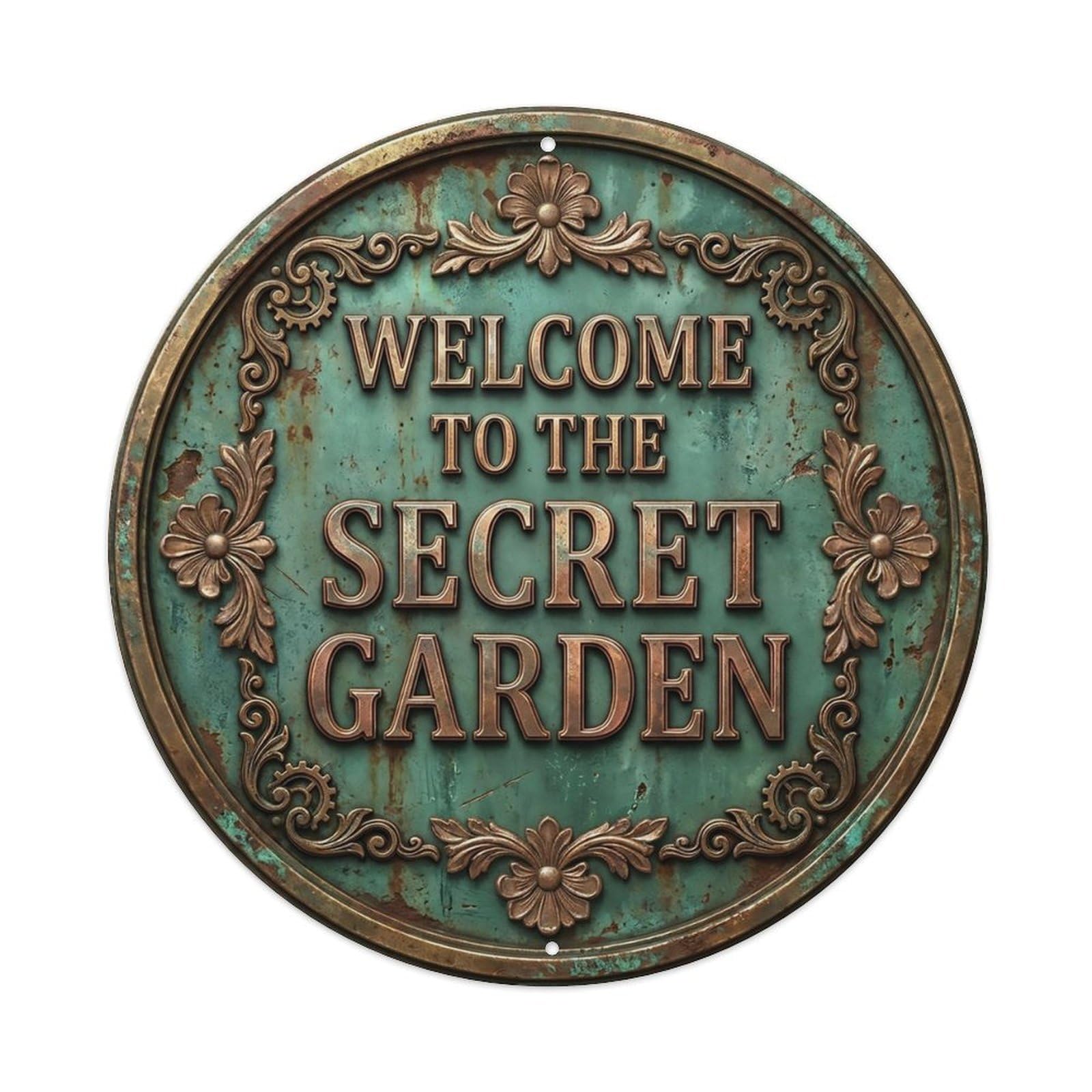 Vintage Welcome Secret Garden Rosegold Mint Elegant Metal Tin Sign