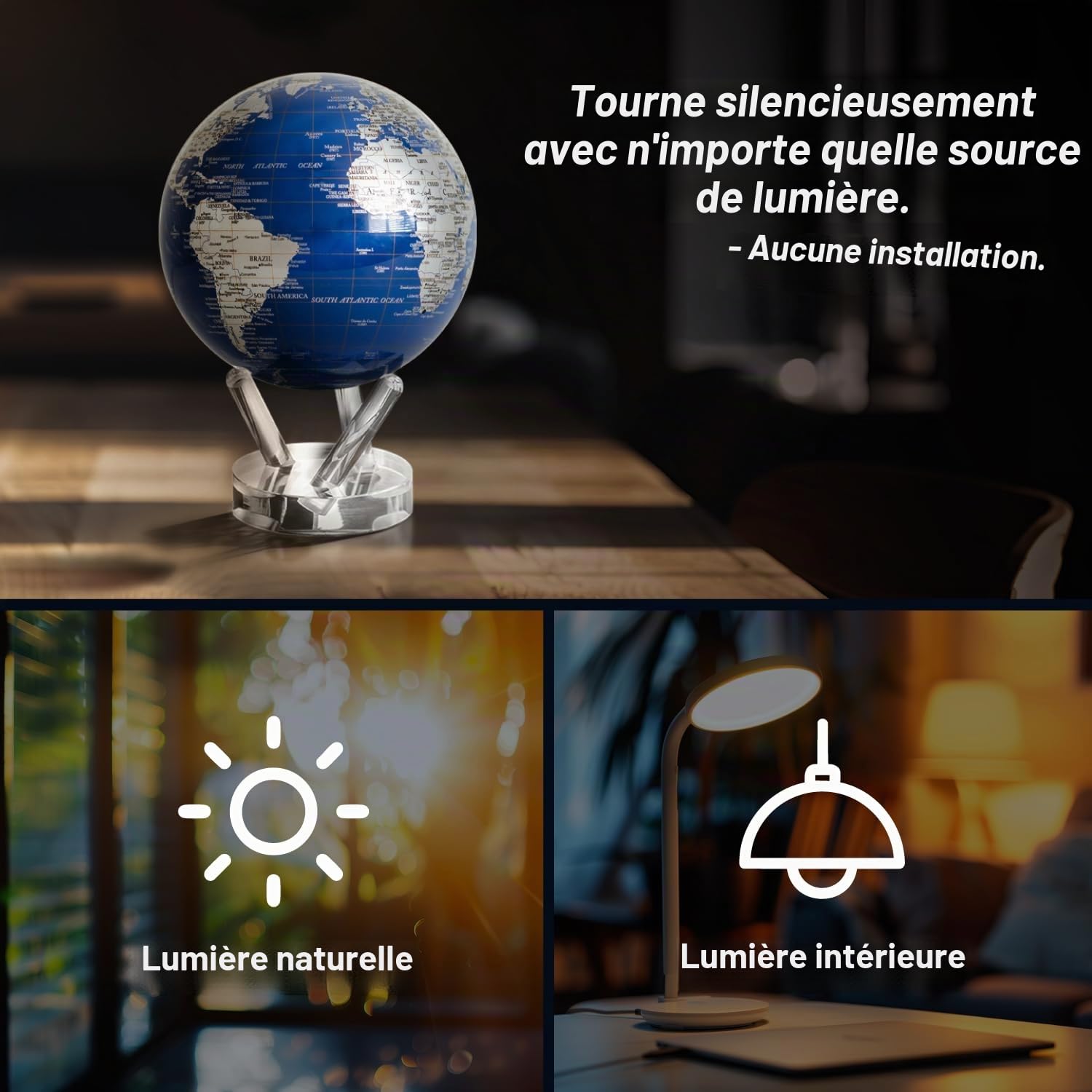 Globe MOVA – Terre Bleu et Argent 11,5 cm | Globe Rotatif avec Lumière pour Bureau, Étude ou Cadeau | Sans Piles ni Câbles
