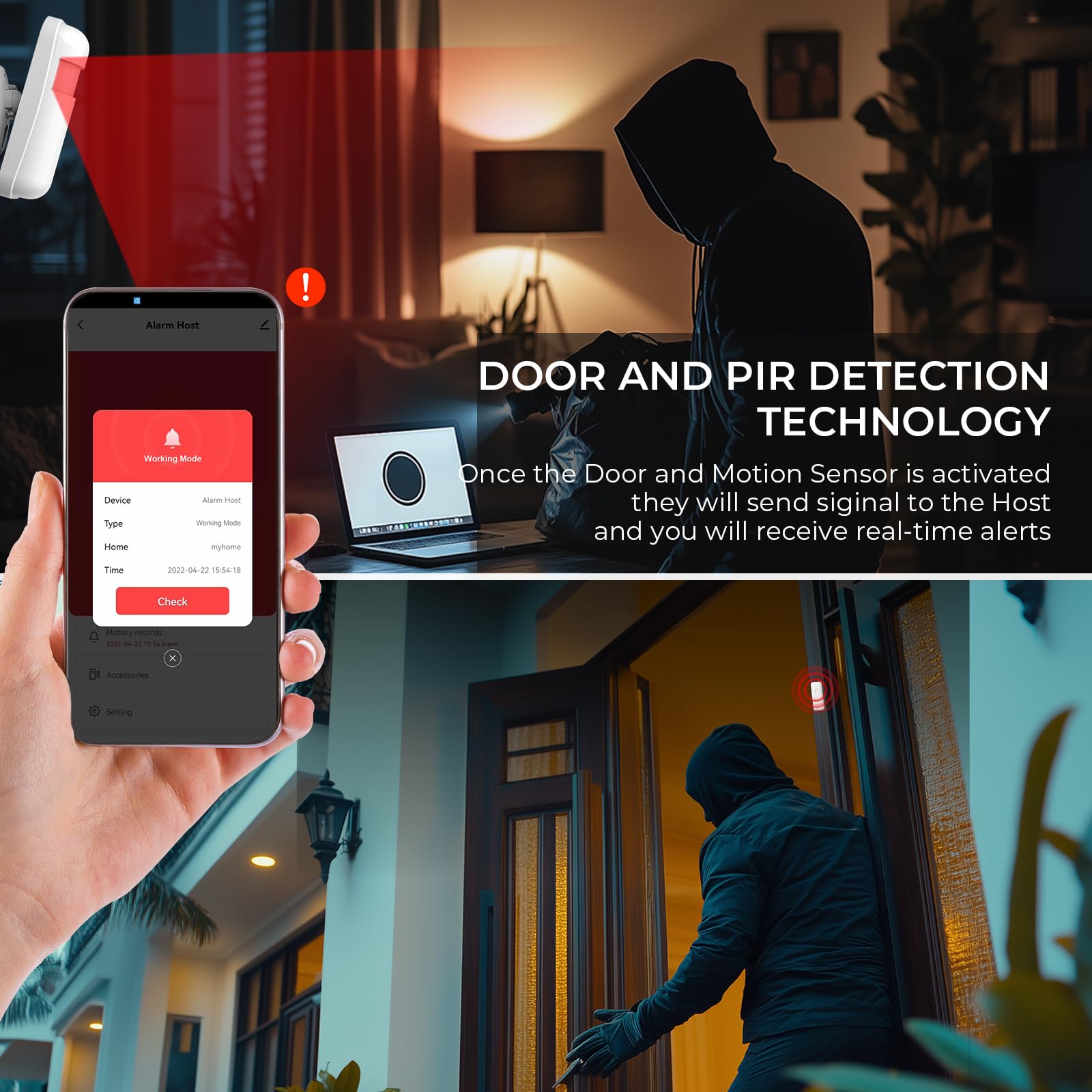 PGST Sistema de alarma para el hogar inalámbrico con alertas instantáneas mediante la aplicación Tuya,Kits de alarma Extensibles DIY para puertas y detectores de movimiento para apartamento, garaje