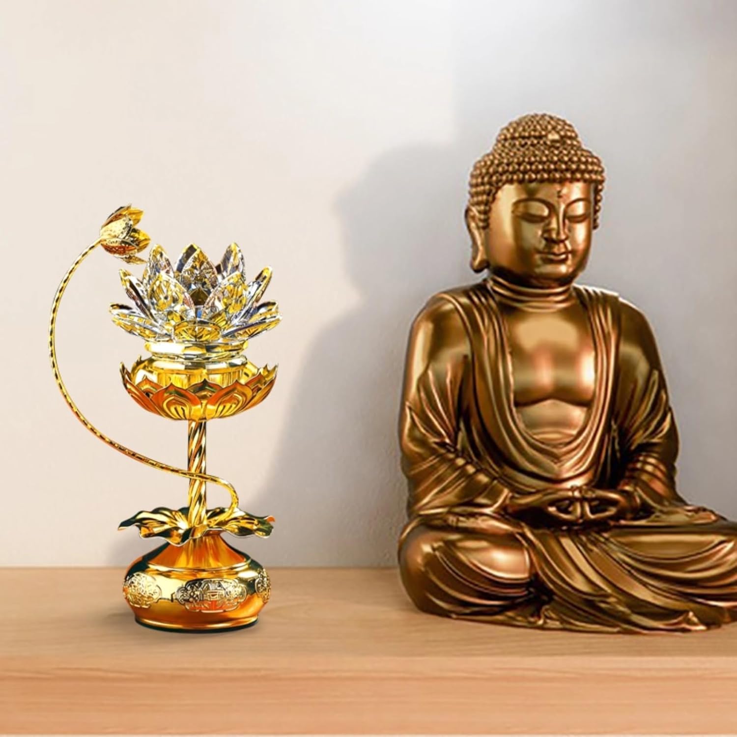 Crystal Lotus Lamp Pair, 2 Pcs, 7 Color Led Light, Alloy Base, Buddhist Altar, Home Temple Worship