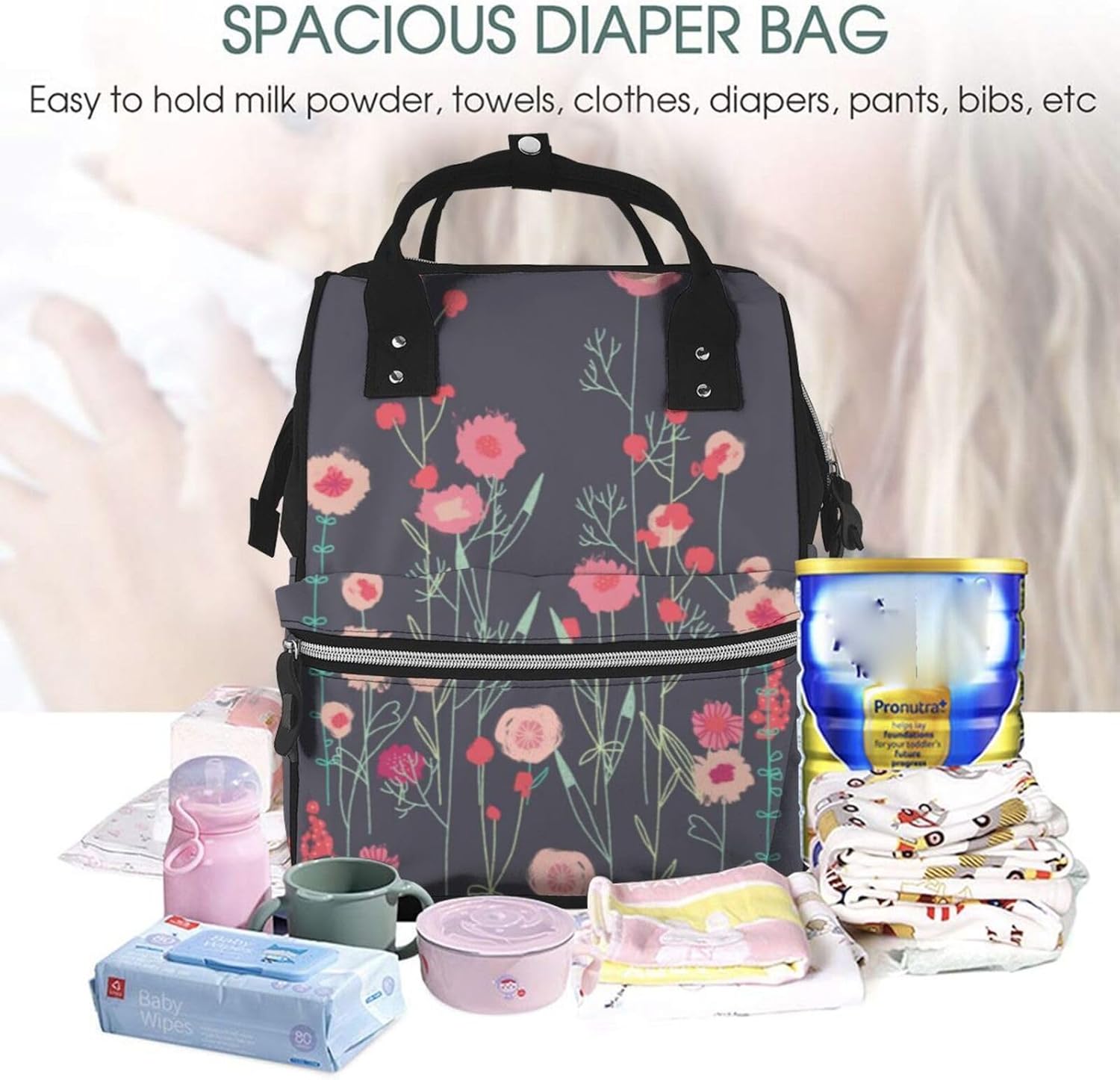 Floral Dark Boho Diaper Bag Backpack for Women, Large Capacity Waterproof Travel Bag with Stroller Straps