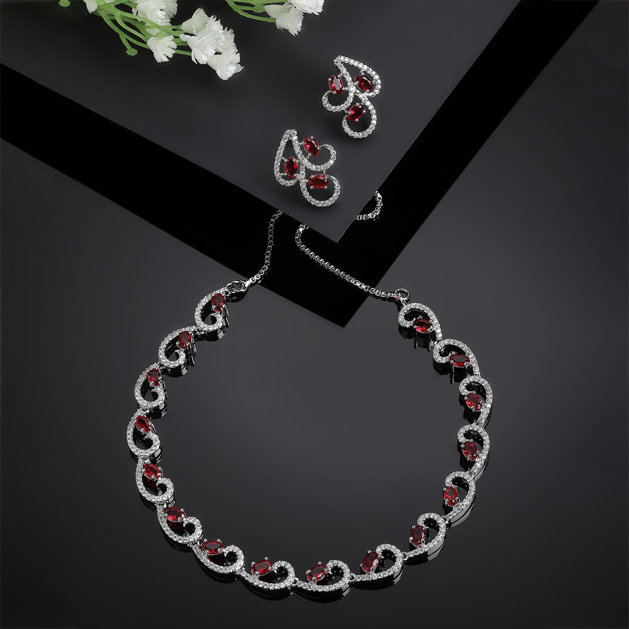 Rhodium-Plated Necklace & Drop Earrings Set with Cubic Zirconia