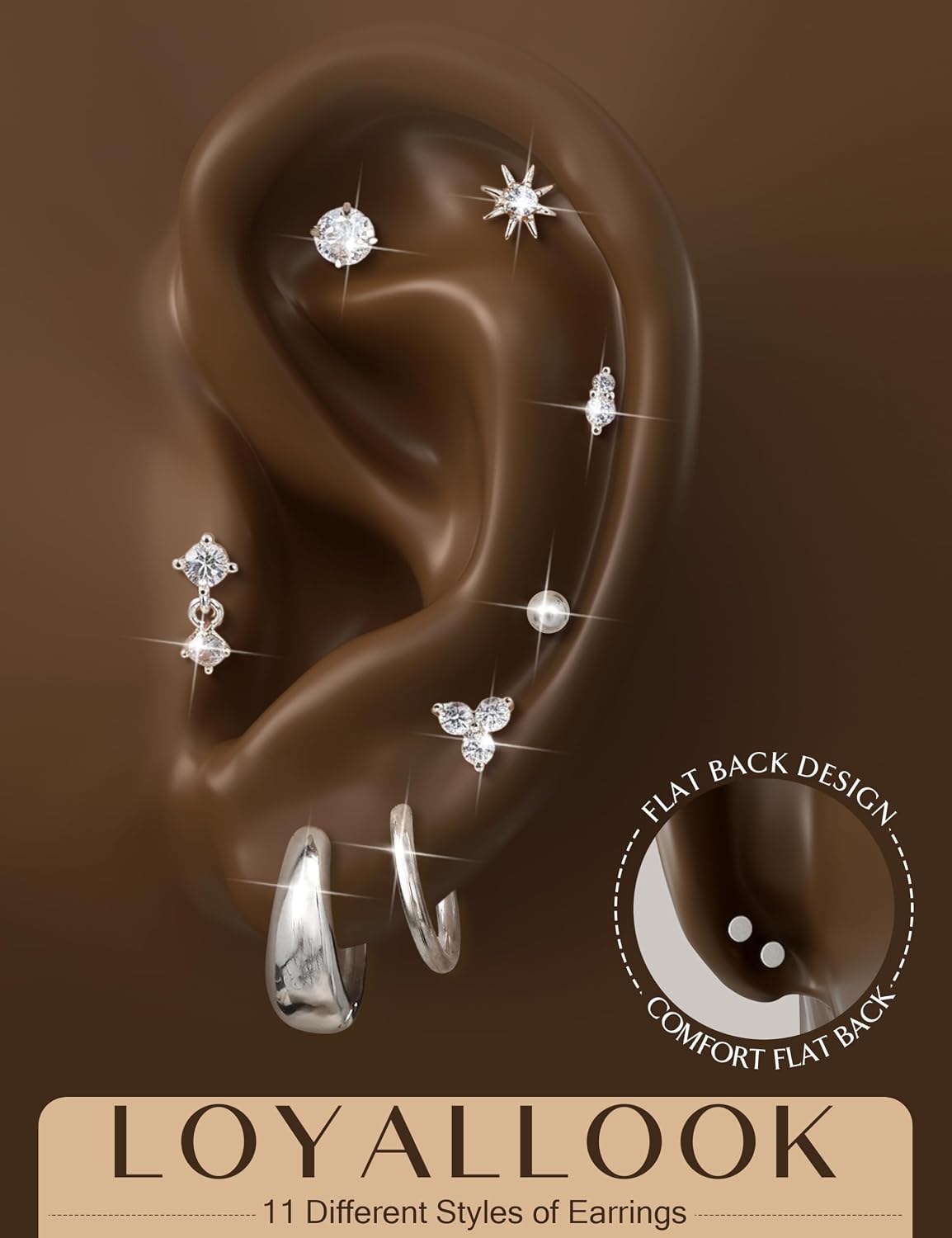 LOYALLOOK Hypoallergenic Flat Back Earrings for Women 14K Gold Plated Surgical Steel Stud Hoop Earring Stacks Dainty Small Huggie Hoops Flatback Stud Cartilage Earring Sets for Multiple Piercing